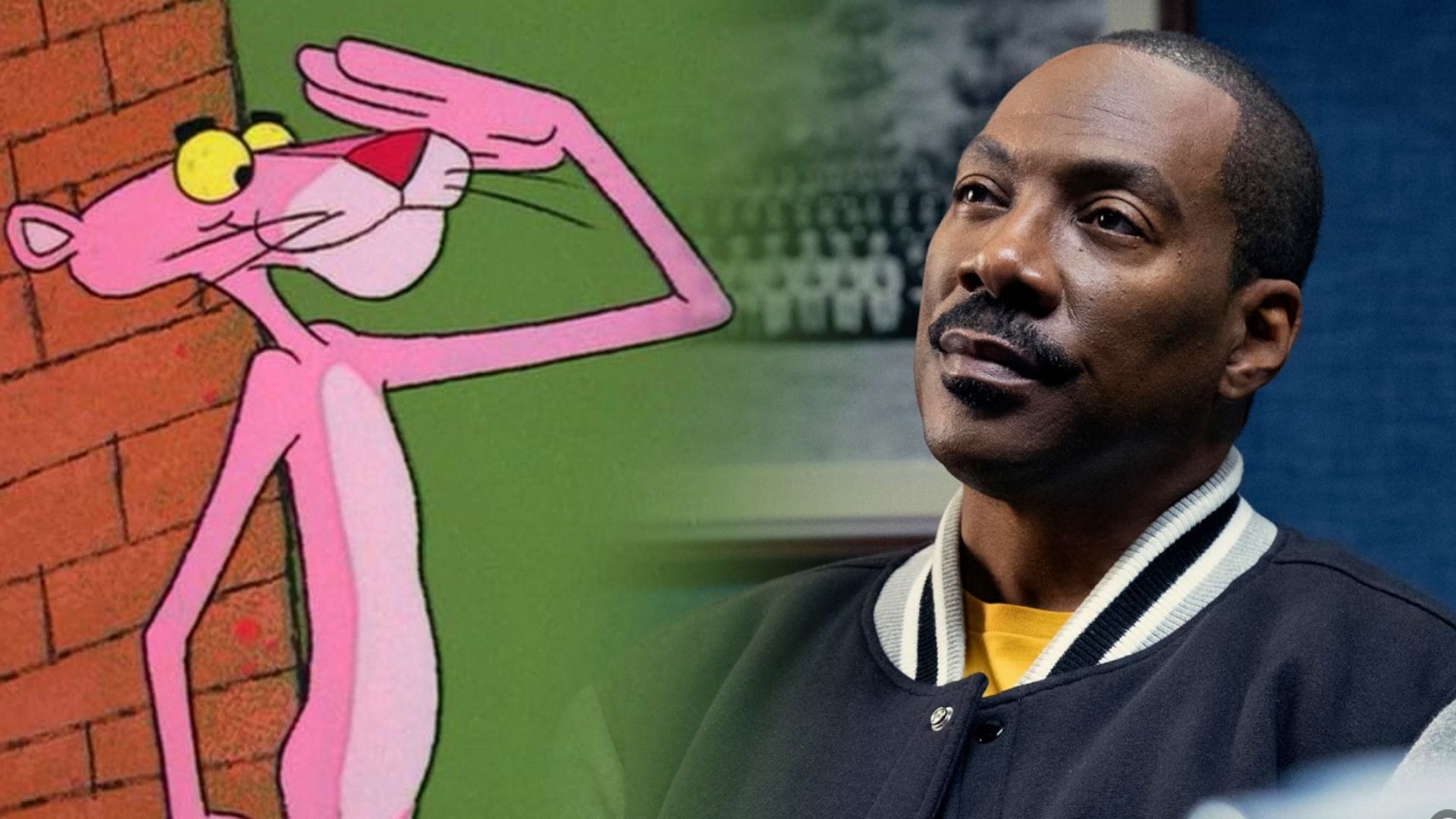 Pantera roz din desen animat și actorul Eddie Murphy într-o jachetă bomber gri-neagră