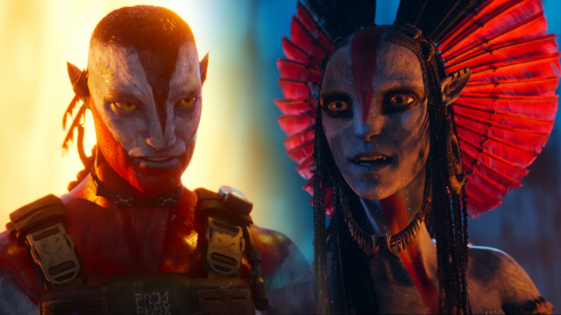 Humanoid cu pielea albastră purtând armură corporală, humanoid feminin cu dreadlock-uri și pene în păr