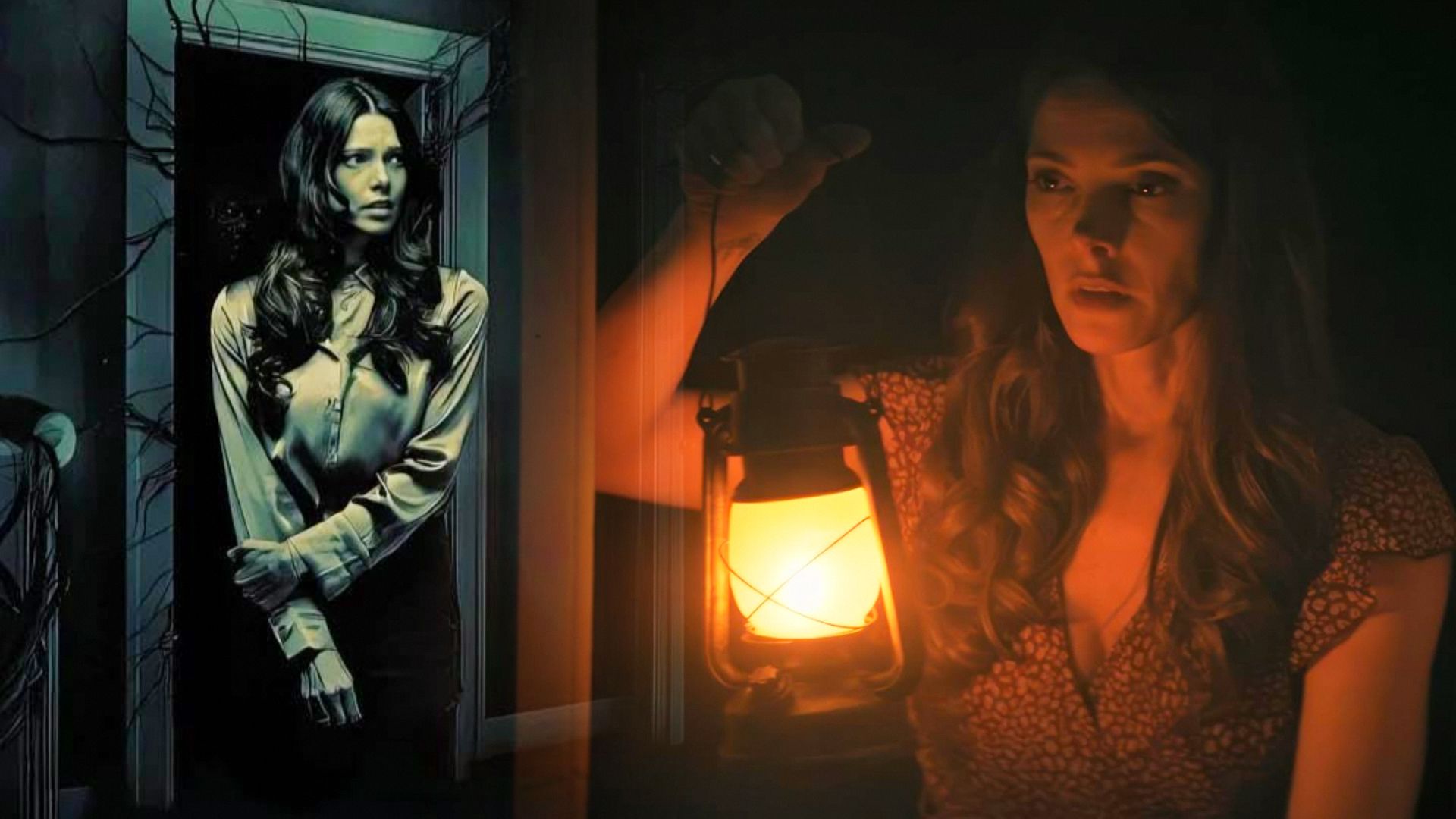 Actrița Ashley Greene stă în bluză albă lângă o ușă, ținând o lampă cu petrol în mâna dreaptă