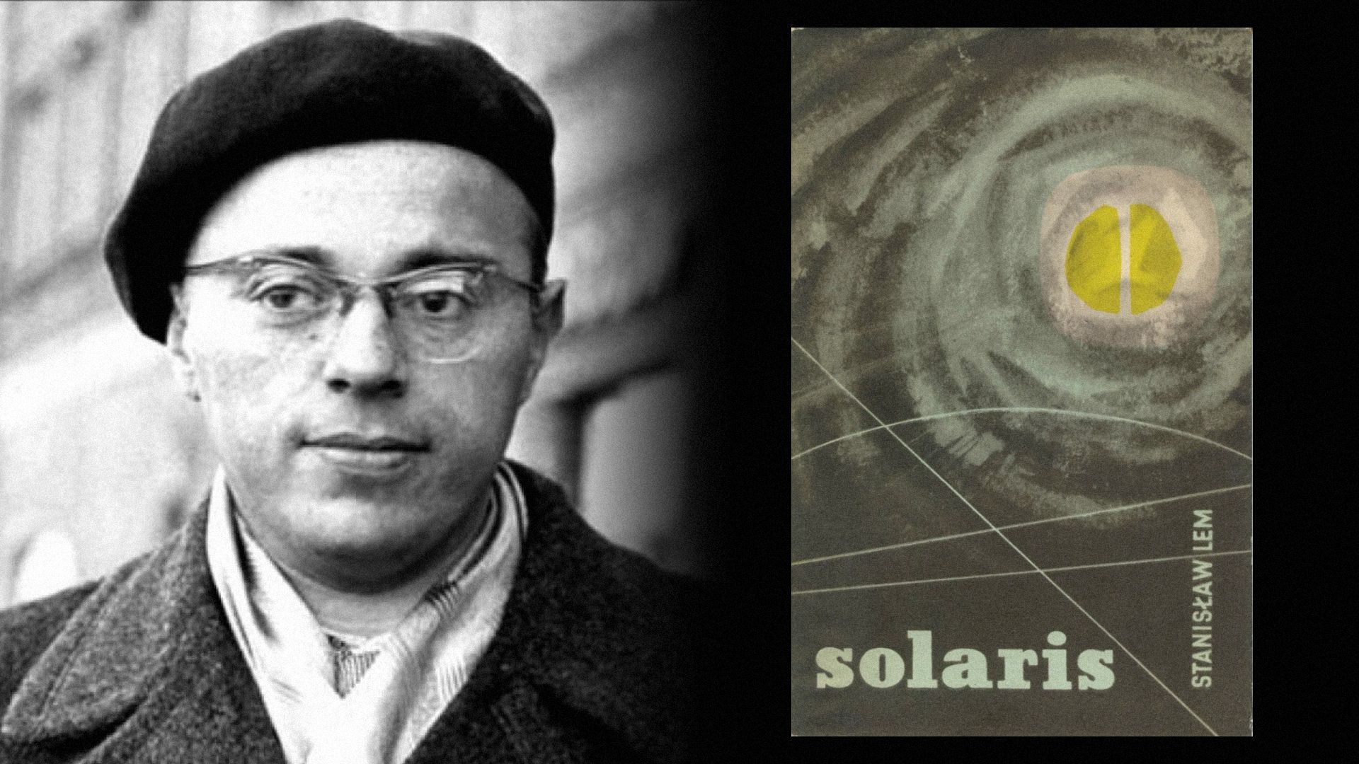 Scriitorul Stanisław Lem cu beretă și ochelari, lângă o copertă de carte cu o pată galben-albă pe ea