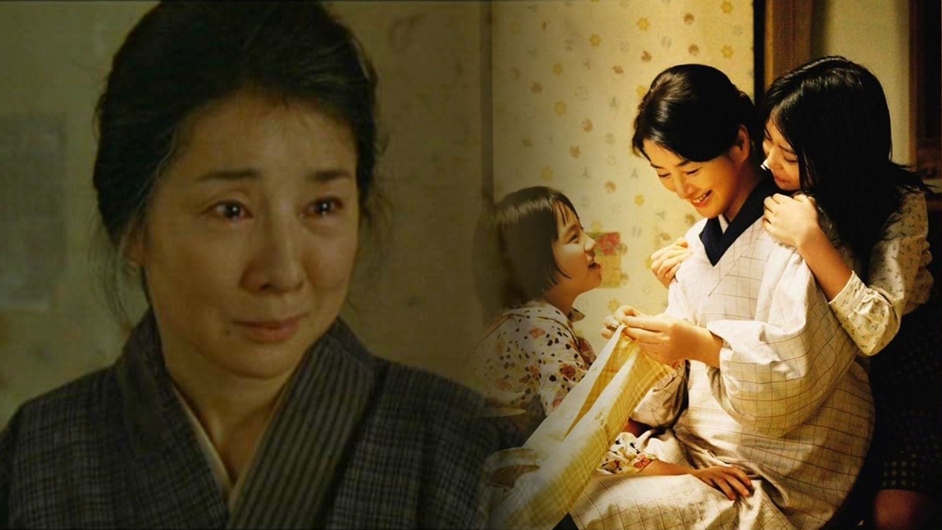 O femeie în kimono gri privește tristă într-o parte, în timp ce în dreapta o tânără în kimono alb stă cu doi copii