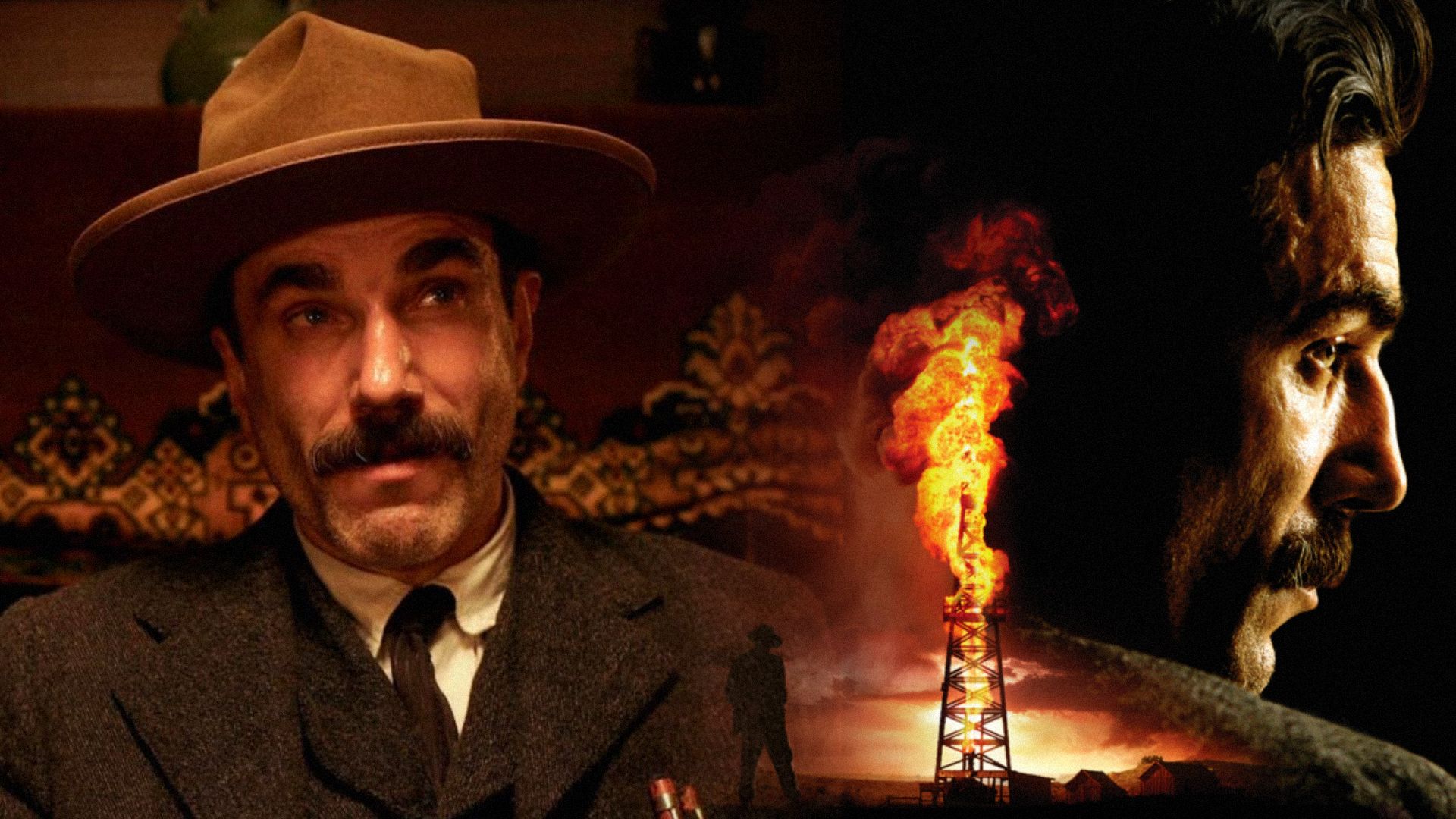 Actorul Daniel Day-Lewis cu o pălărie maro stând lângă o sondă de petrol în flăcări