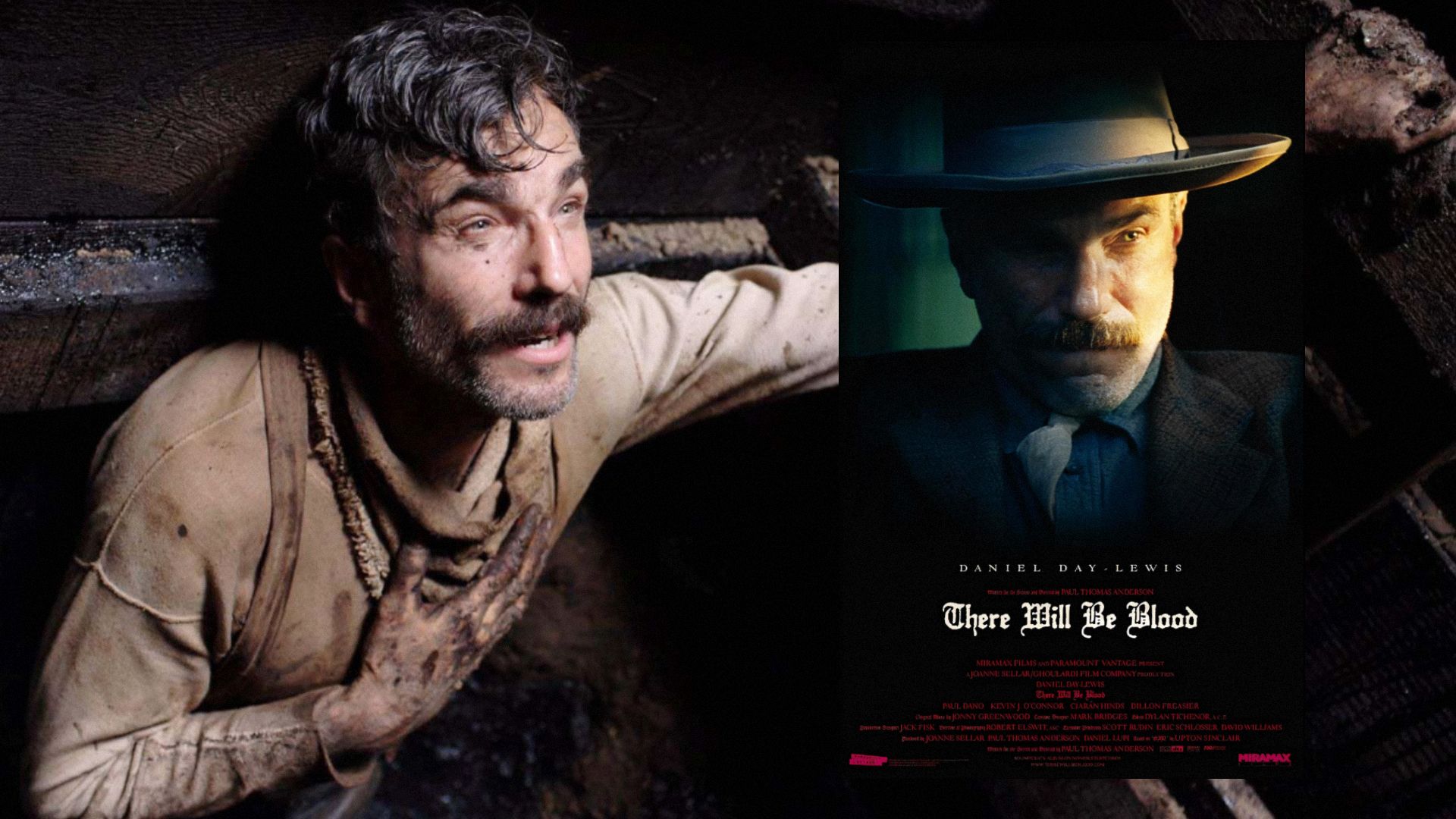 Actorul Daniel Day-Lewis în haine albe murdare, lângă un poster de film care îl arată pe actor în costum și pălărie