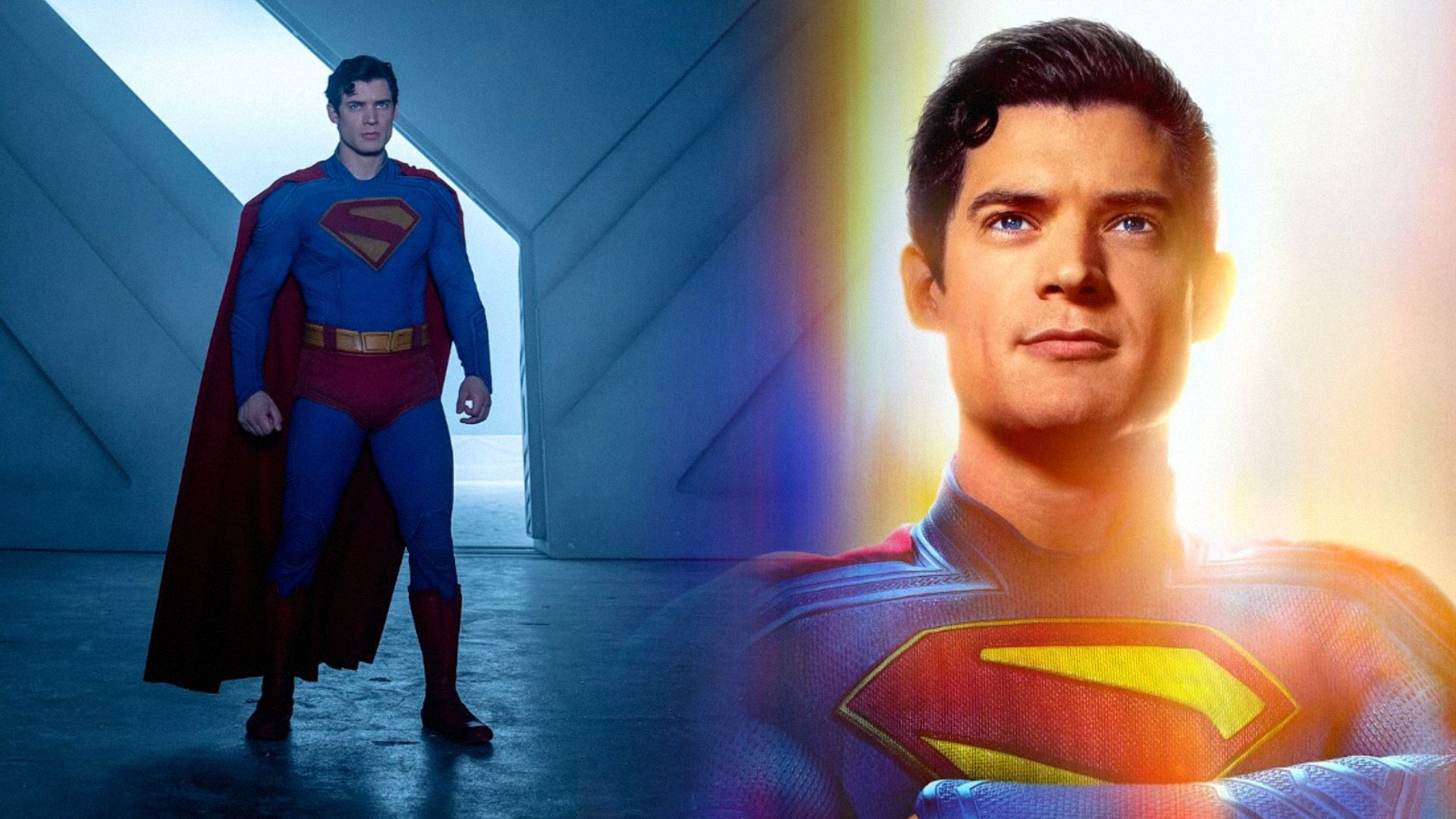 Actorul David Corenswet într-un costum de supererou albastru și roșu zâmbește