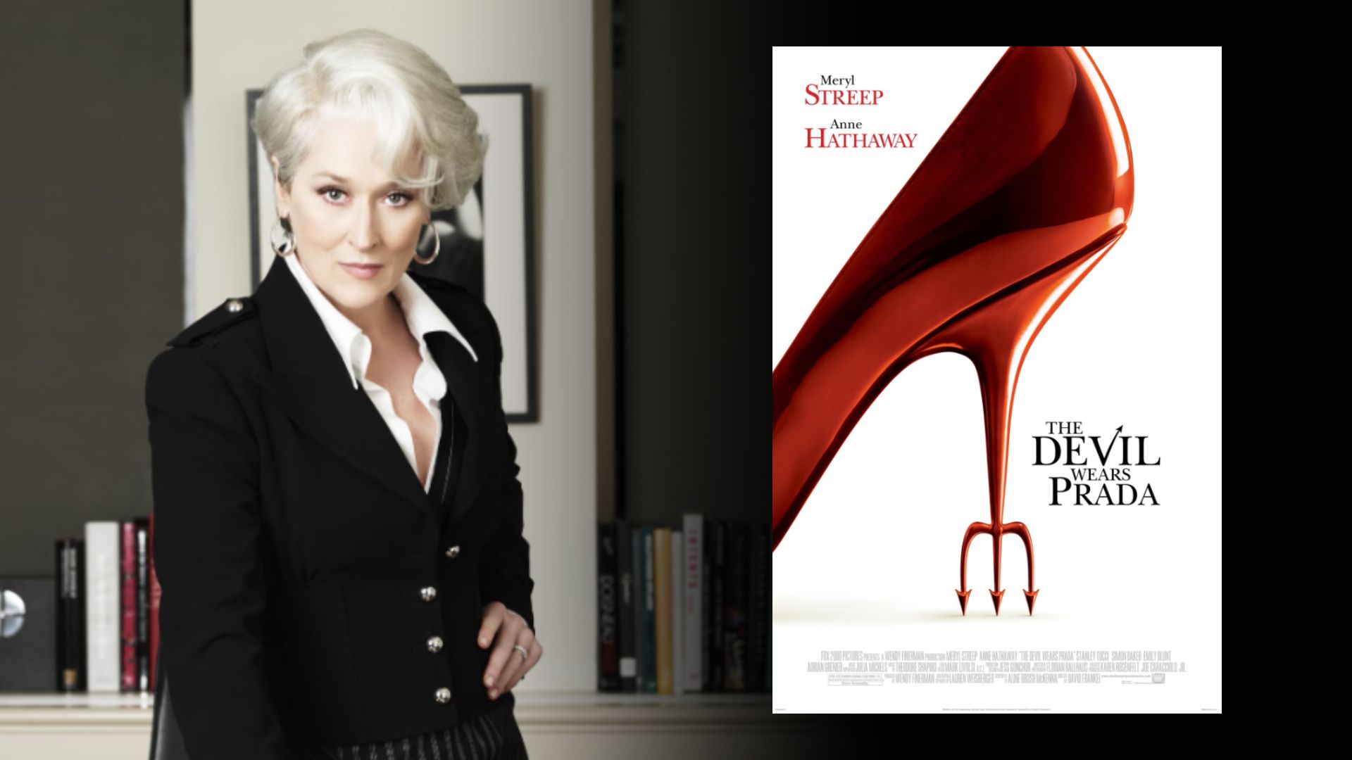 Actrița Meryl Streep într-un blazer negru stă lângă o masă, alături de un poster de film cu un pantof cu toc roșu