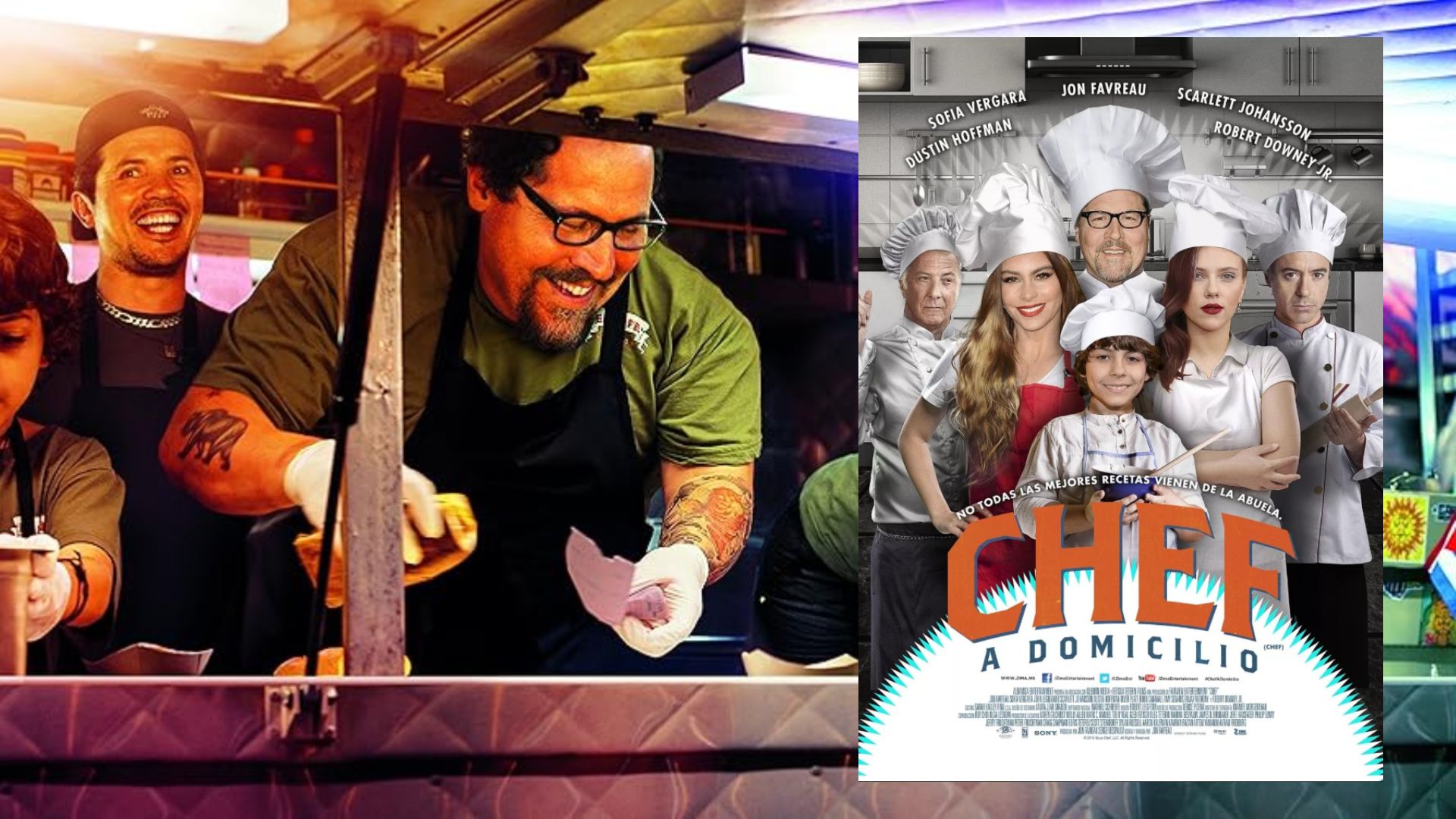 Doi bărbați gătind într-un food truck, cu un poster de film în apropiere care o arată pe actrița Scarlett Johansson purtând o șapcă de bucătar