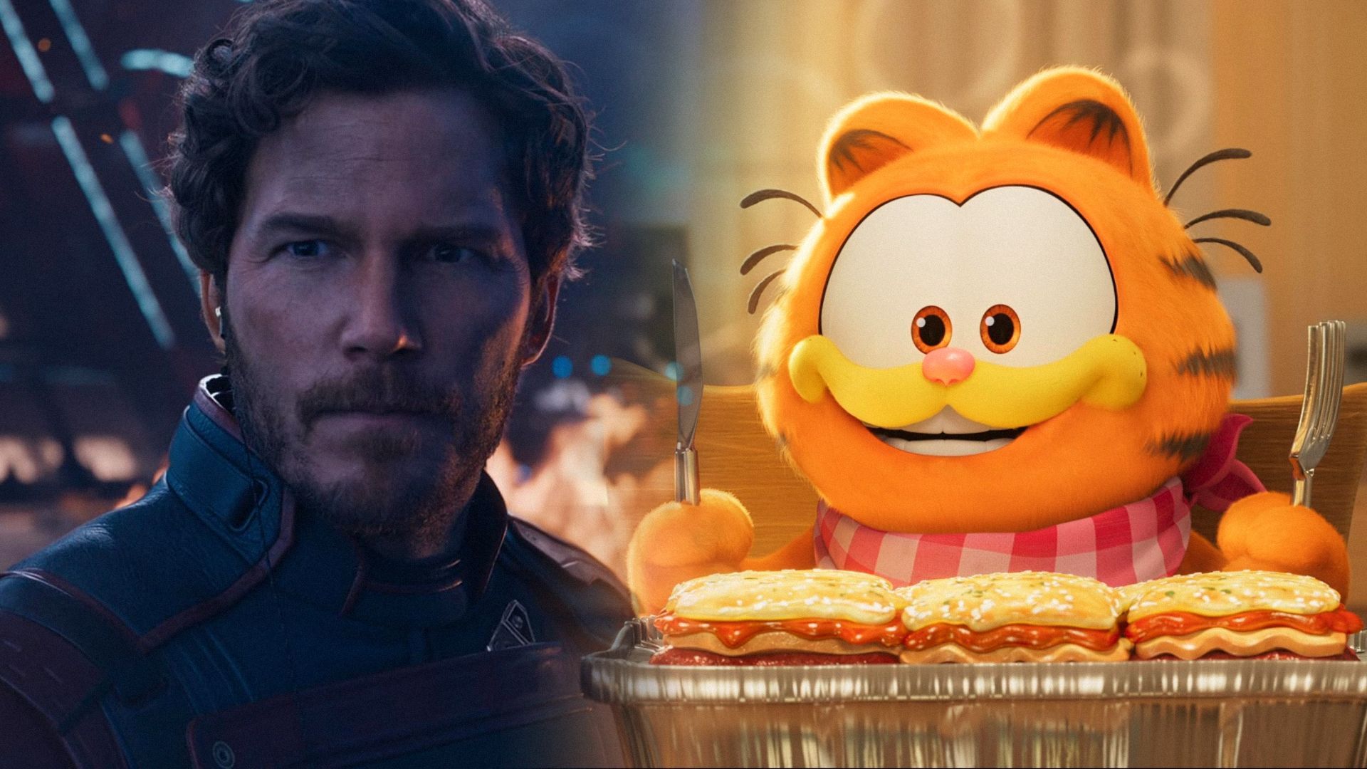 Actorul Chris Pratt într-un costum albastru se uită într-o parte, pisica portocalie Garfield stă la masă și zâmbește