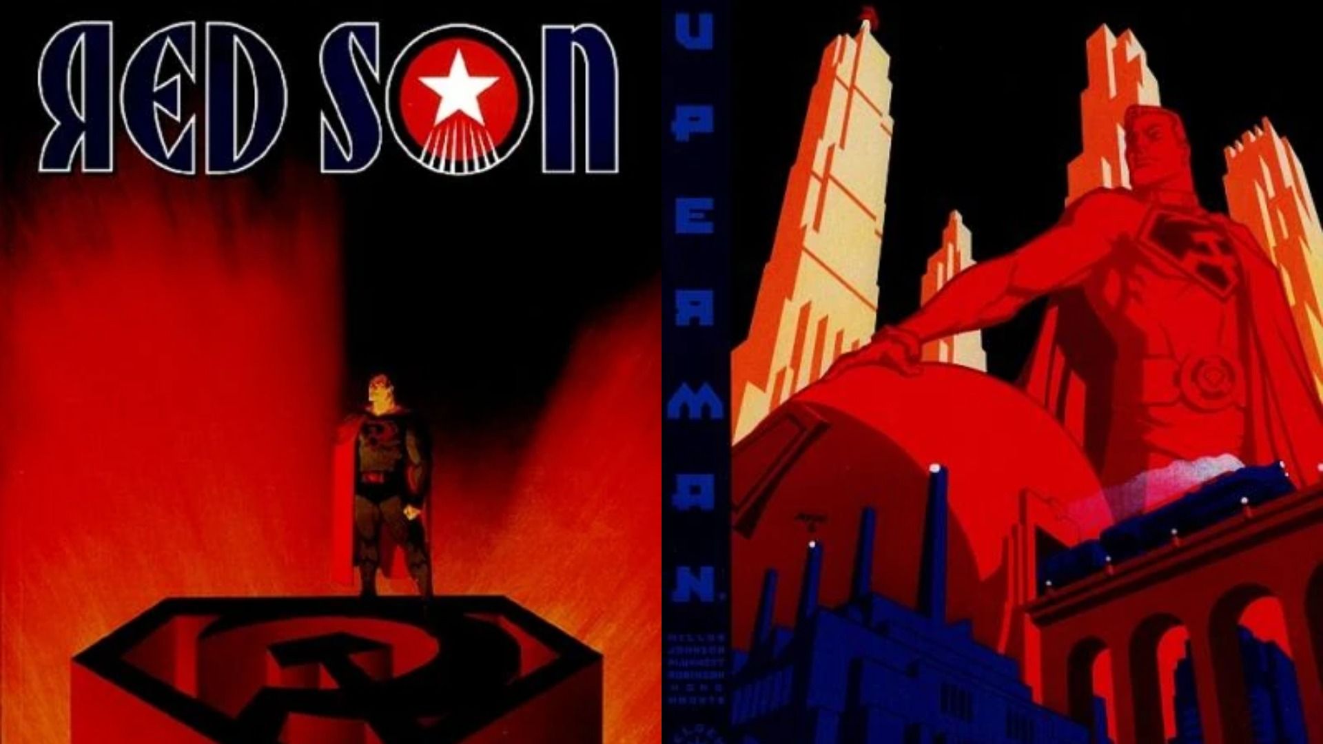 Coperți de benzi desenate cu Superman unde supereroului stă pe un piedestal în formă de secera și ciocanul