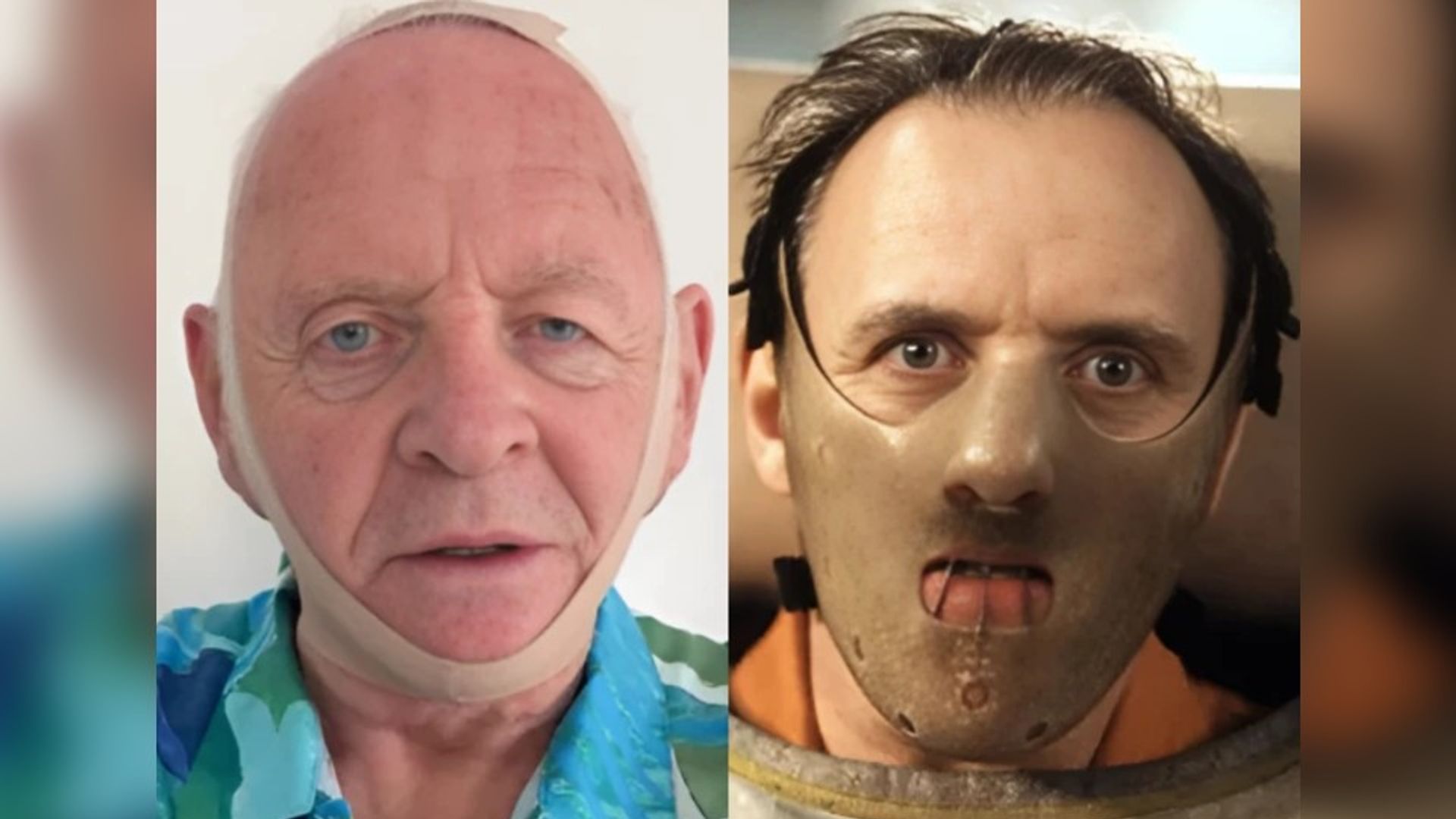 În stânga Anthony Hopkins cu masca-bandaj acum, în dreapta o imagine cu personajul său din "The Silence of the Lambs" cu mască