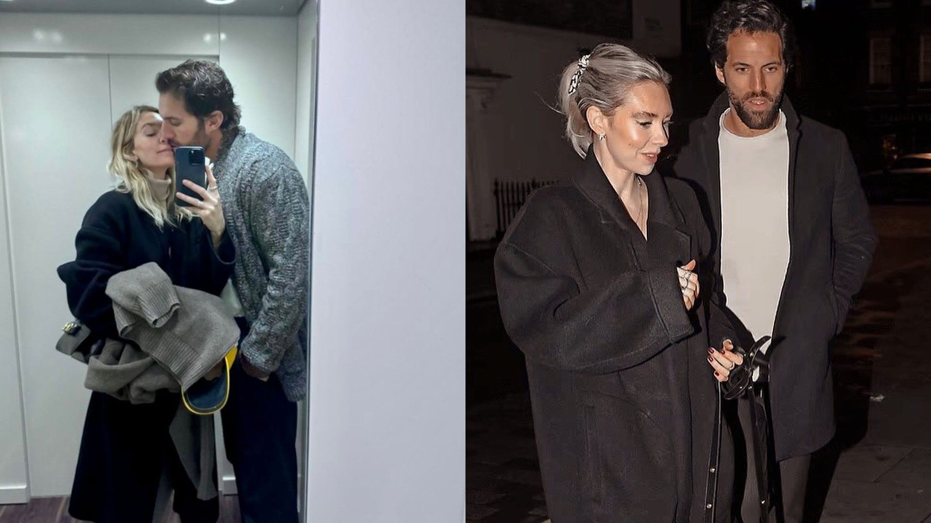 Vanessa Kirby și Paul Rabil în stânga într-un lift, bărbatul sărutând femeia, în dreapta mergând împreună pe stradă seara