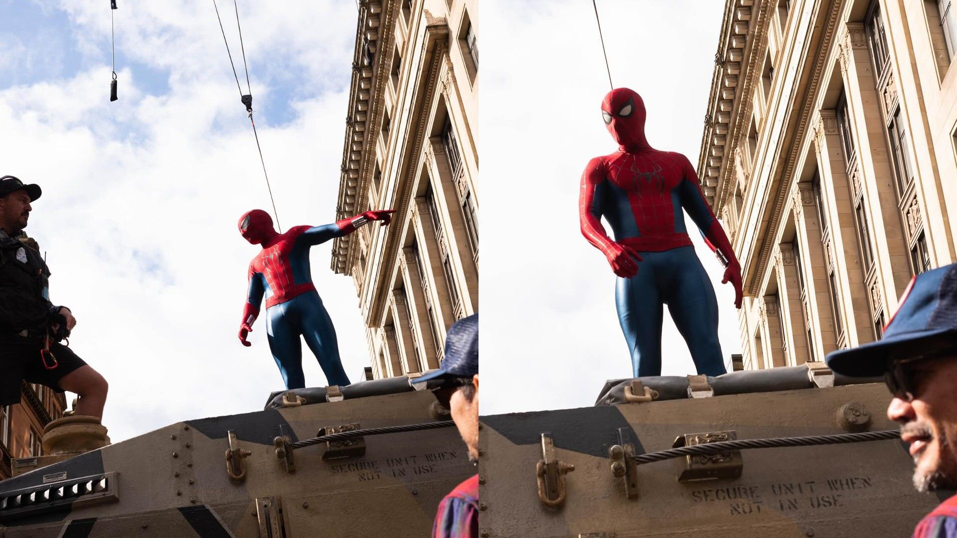 Tom Holland în costumul Spider-Man pe platoul de filmare