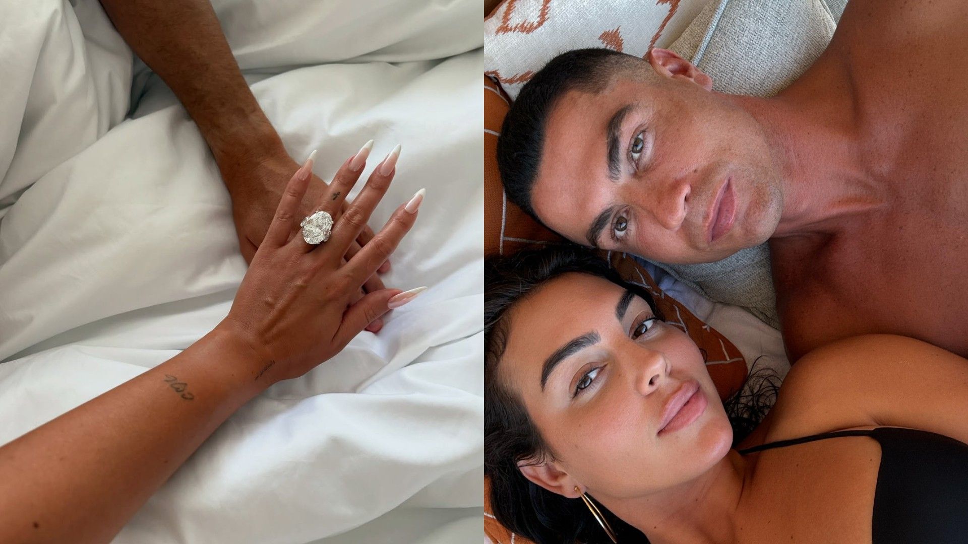 În stânga, mâna unei femei cu un inel mare cu diamant, în dreapta, un selfie cu Georgina Rodriguez și Cristiano Ronaldo