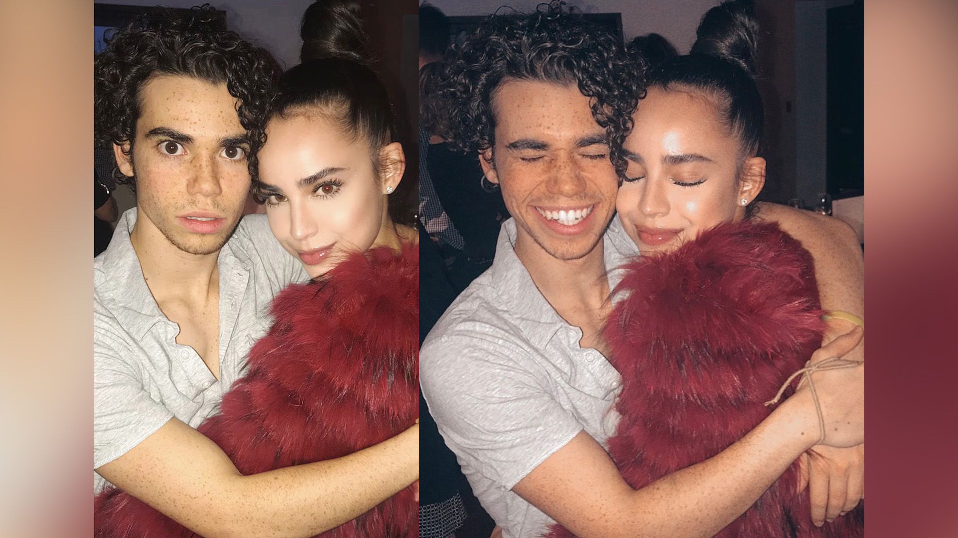 Sofia Carson și Cameron Boyce îmbrățișându-se și râzând