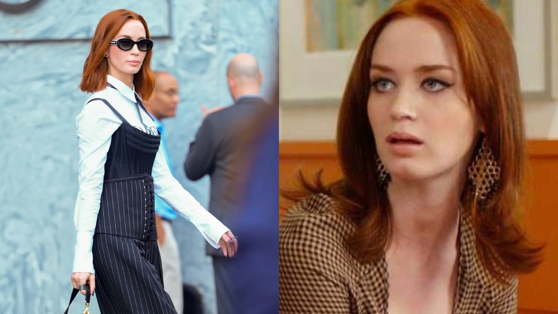 Emily Blunt, colaj din două fotografii: mergând pe stradă, scenă din "The Devil Wears Prada"