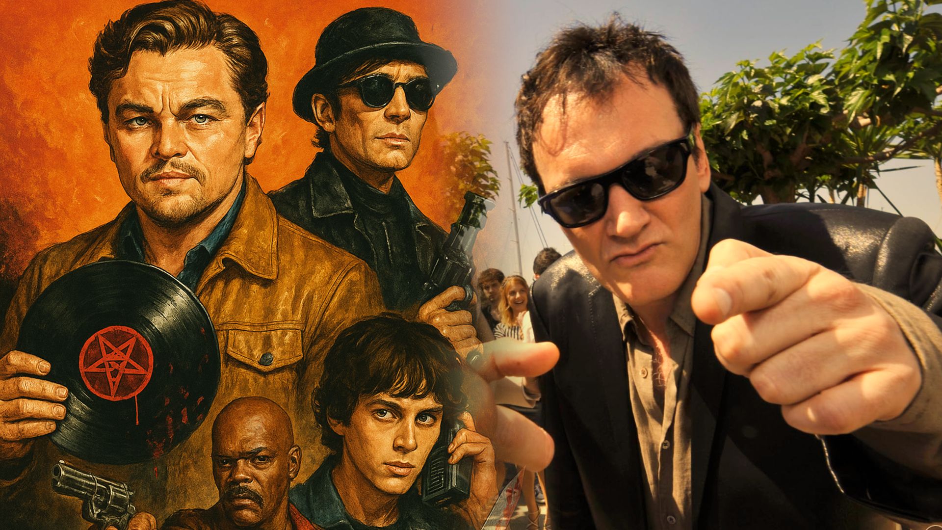 Regizorul Quentin Tarantino în jachetă de piele și ochelari, lângă un poster de film cu Leonardo DiCaprio ținând un disc