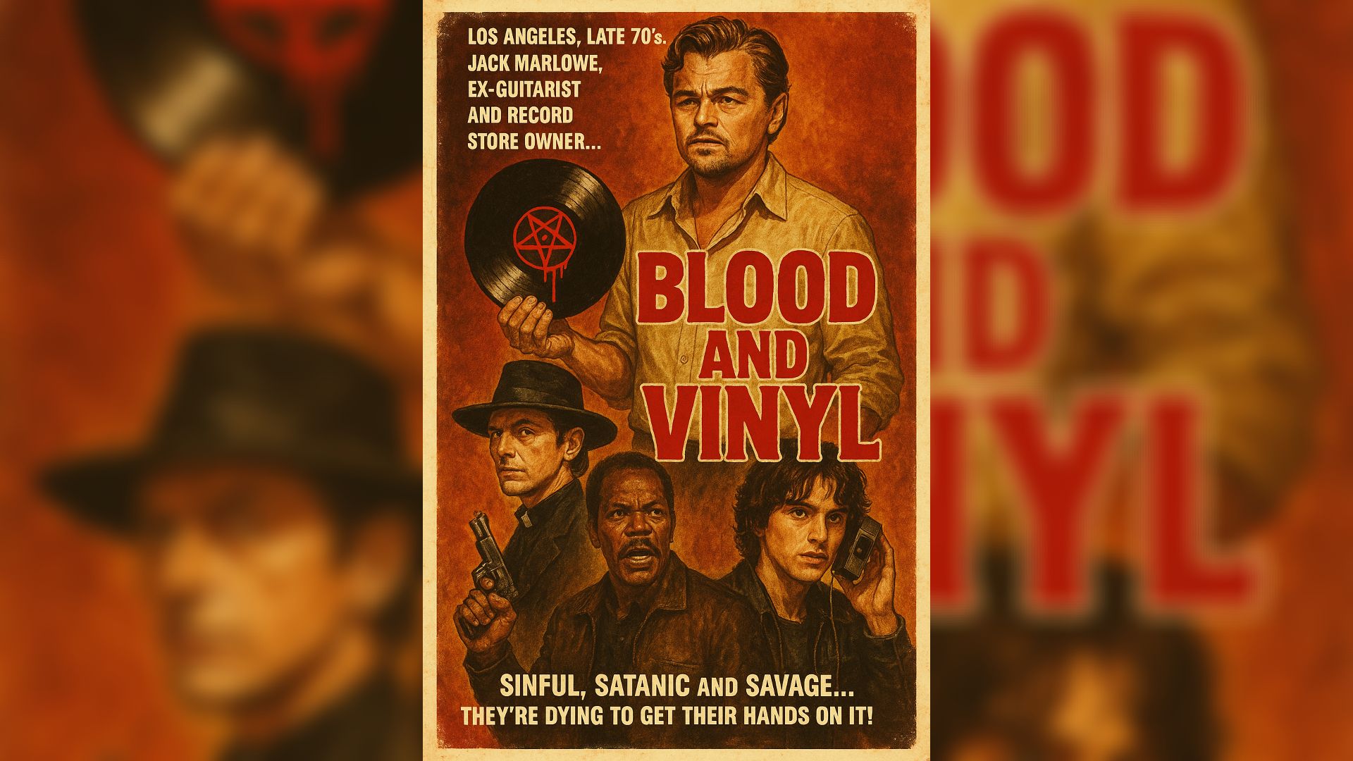 Actorul Leonardo DiCaprio ilustrat ținând un disc de vinil