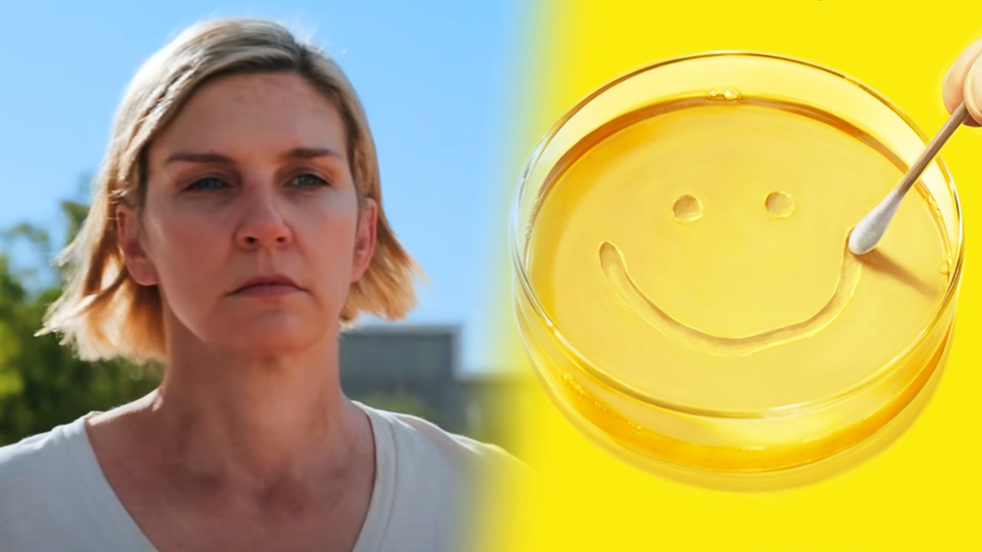 Capsulă Petri pe fundal galben, în stânga fața actriței Rhea Seehorn