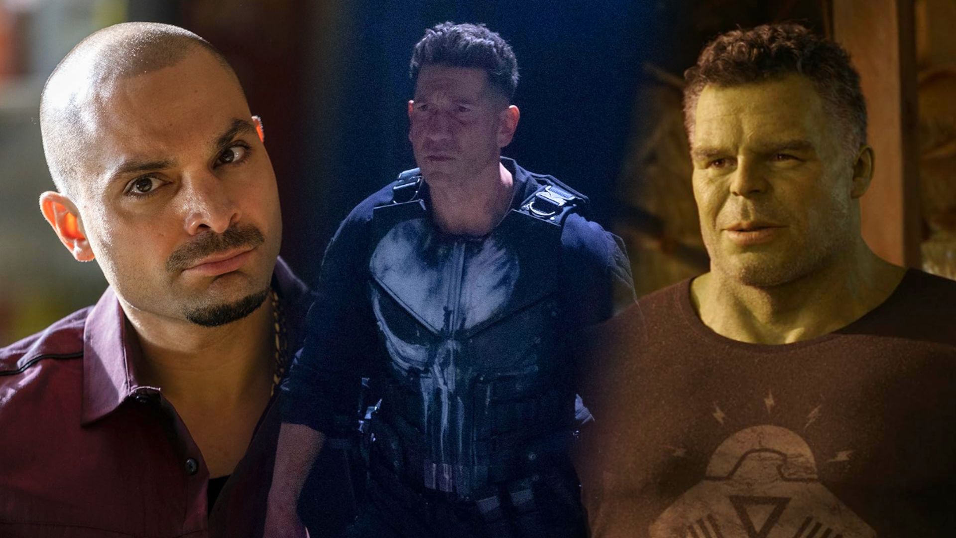 Actorul Michael Mando într-o cămașă roșie, Jon Bernthal într-o vestă antiglonț neagră, Mark Ruffalo ca monstrul verde