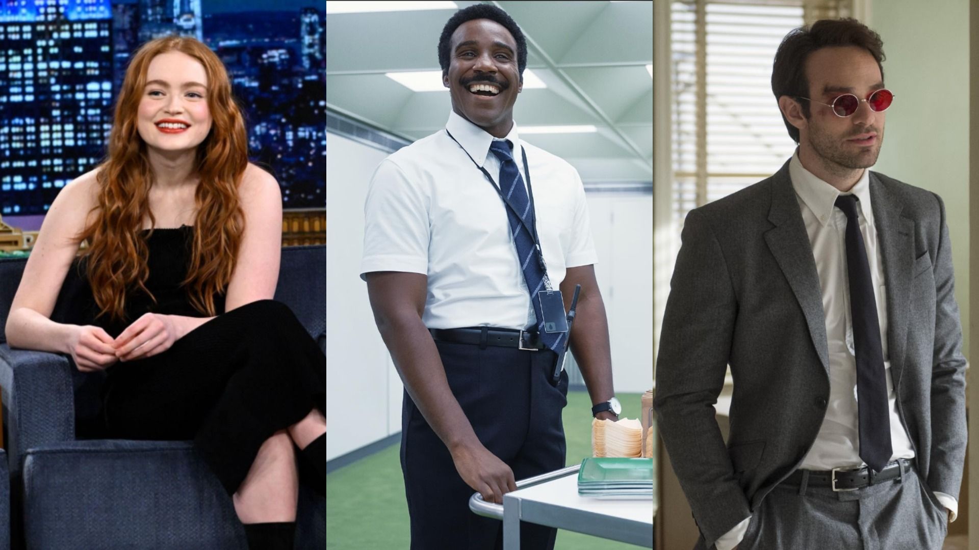 Actorii Sadie Sink într-o rochie neagră, Tramell Tillman într-o cămașă albă și Charlie Cox într-un costum gri