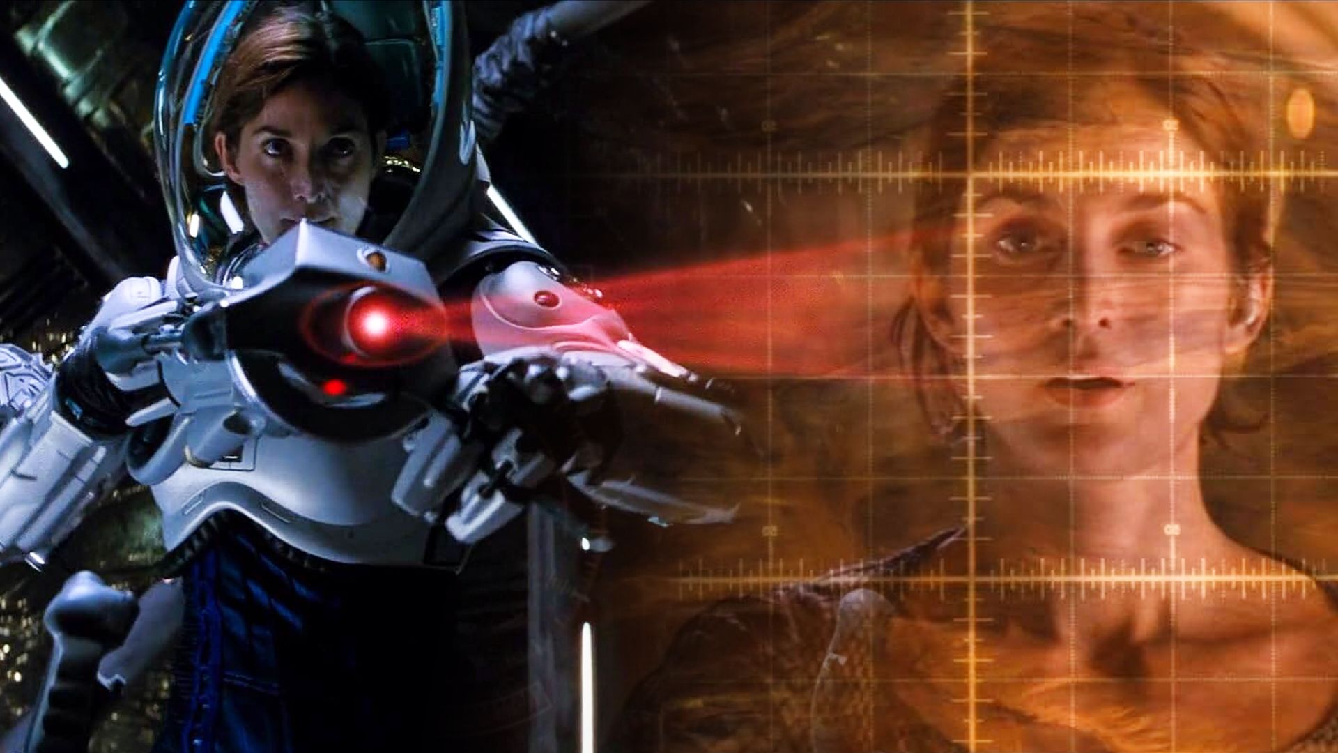 Actrița Carrie-Anne Moss într-o costum spațial futurist trage cu o armă laser