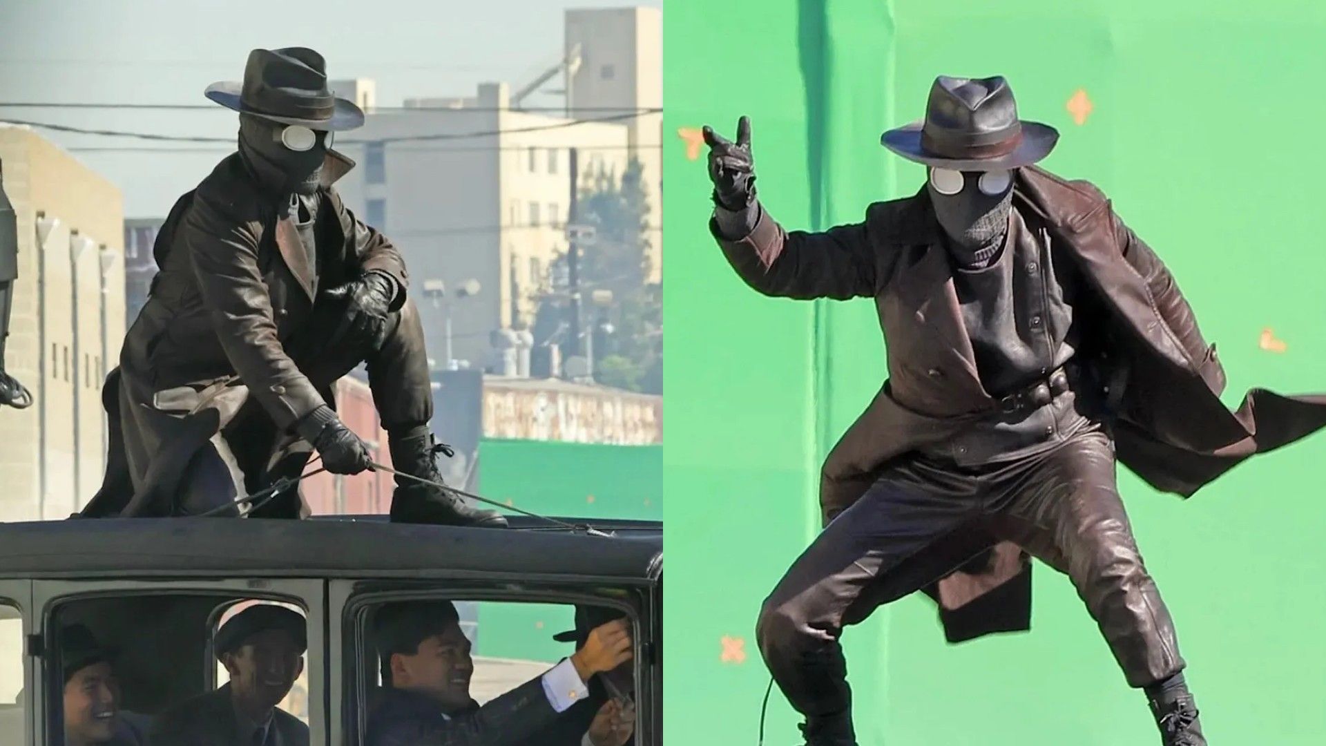 Nicolas Cage în costumul Spider-Man Noir pe platoul de filmare, purtând o haină de piele și o pălărie
