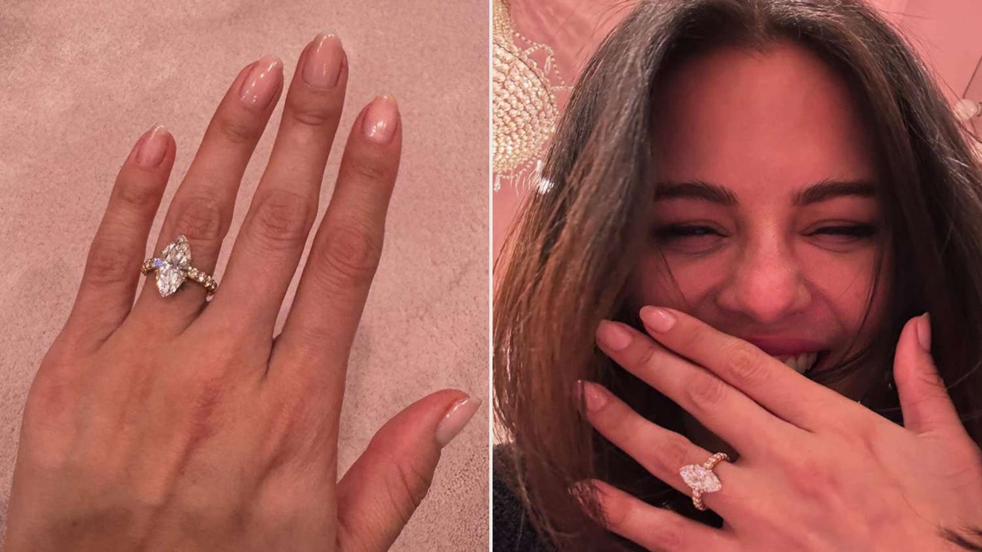 Selena Gomez își etalează un inel cu un diamant mare pe mână, în a doua fotografie zâmbește în timp ce își acoperă gura cu mâna care poartă inelul