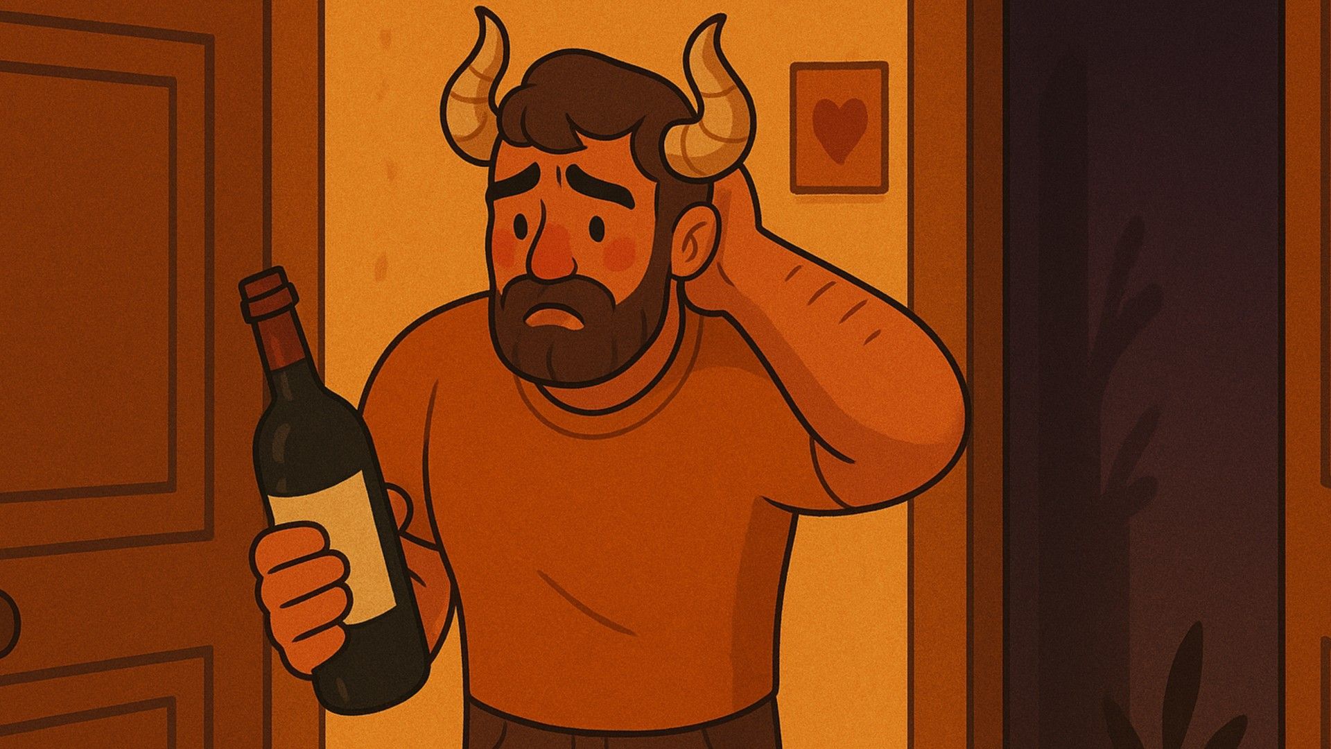 Un bărbat Taur cu o sticlă de vin în mână ezită la ușă