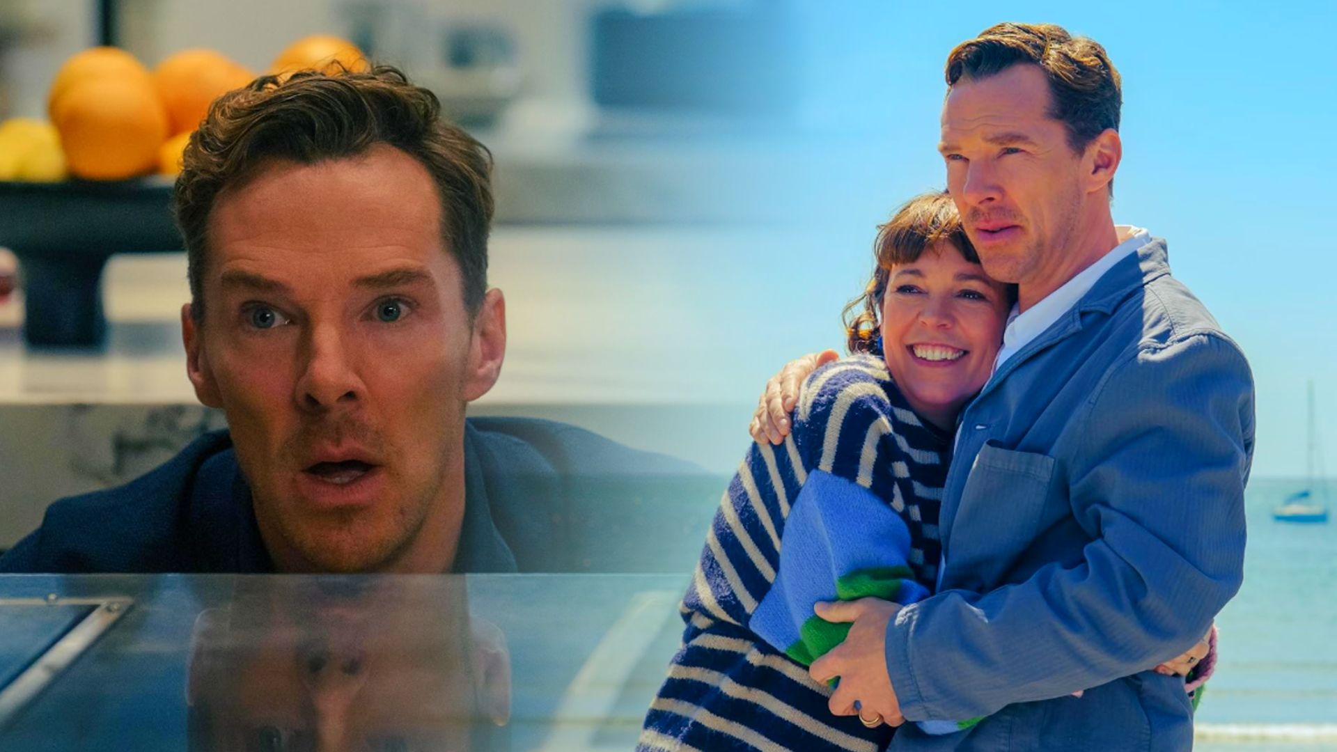 Actorul Benedict Cumberbatch într-un sacou albastru o îmbrățișează pe actrița Olivia Colman într-un pulover în dungi