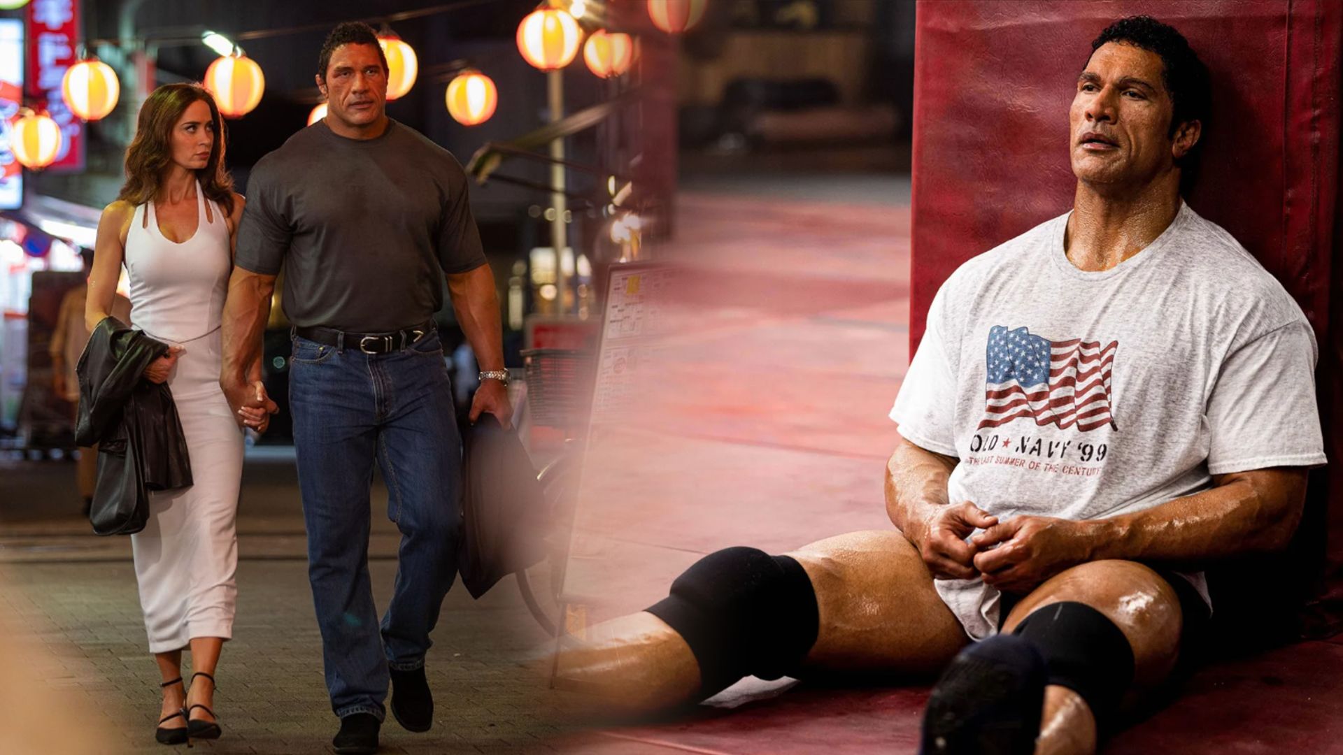 Actorul Dwayne Johnson într-un tricou gri merge pe stradă alături de Emily Blunt într-o rochie albă