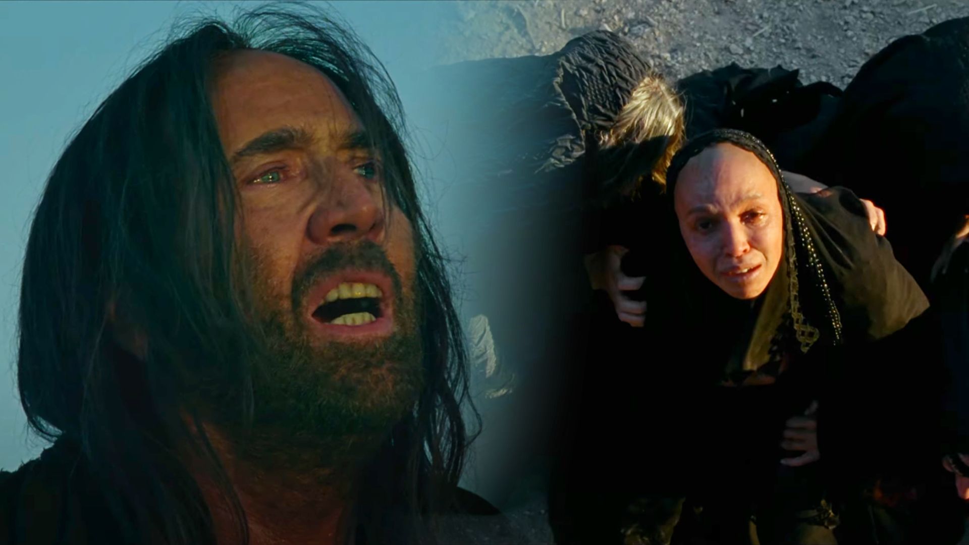 Actorul Nicolas Cage cu părul lung și cântăreața FKA twigs în haine negre
