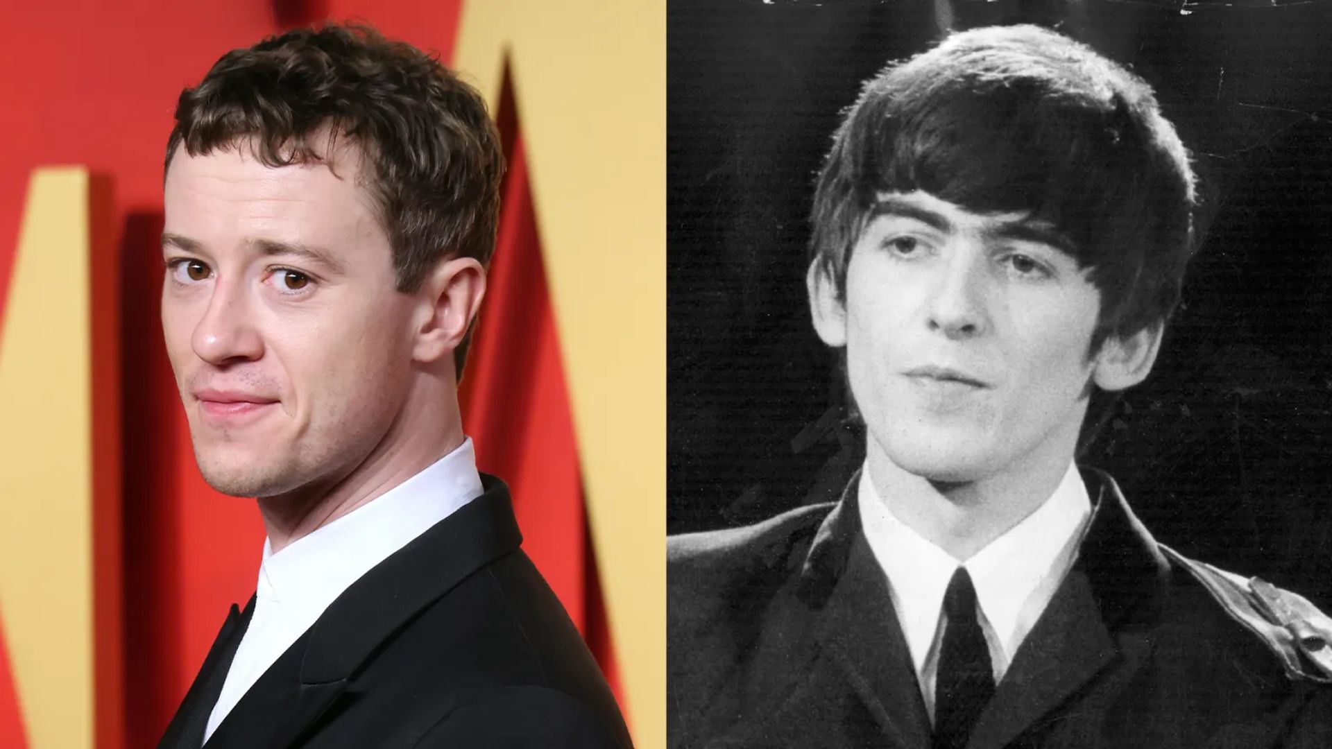 Colaj cu două fotografii: Joseph Quinn și tânărul George Harrison