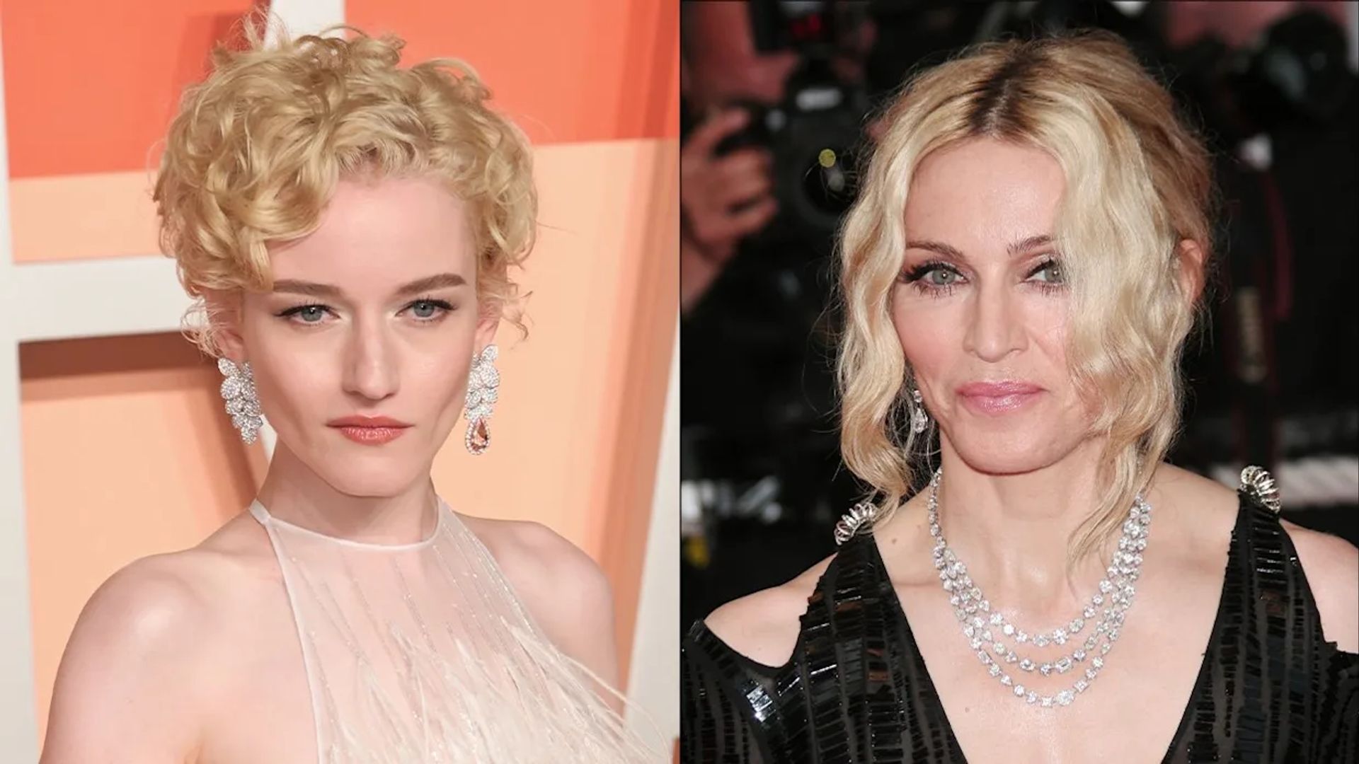Colaj cu două fotografii: Julia Garner în stânga, cântăreața Madonna în dreapta