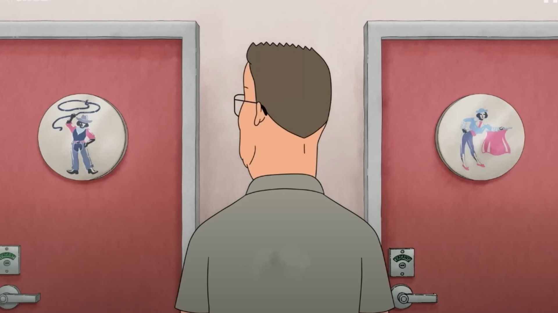 O scenă din serialul animat King of the Hill în care Hank Hill alege ce cabină de toaletă să folosească