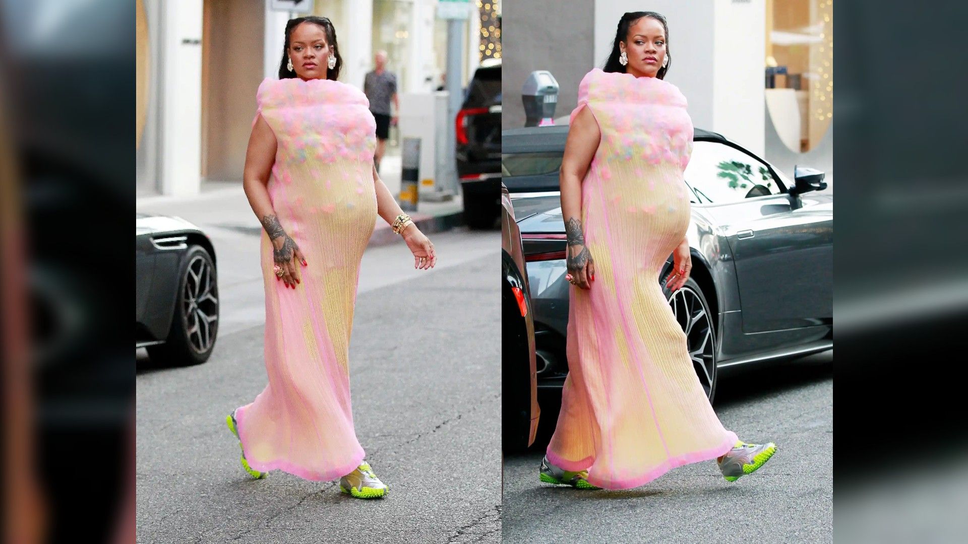 Rihanna însărcinată într-o rochie roz neobișnuită și adidași mergând pe stradă