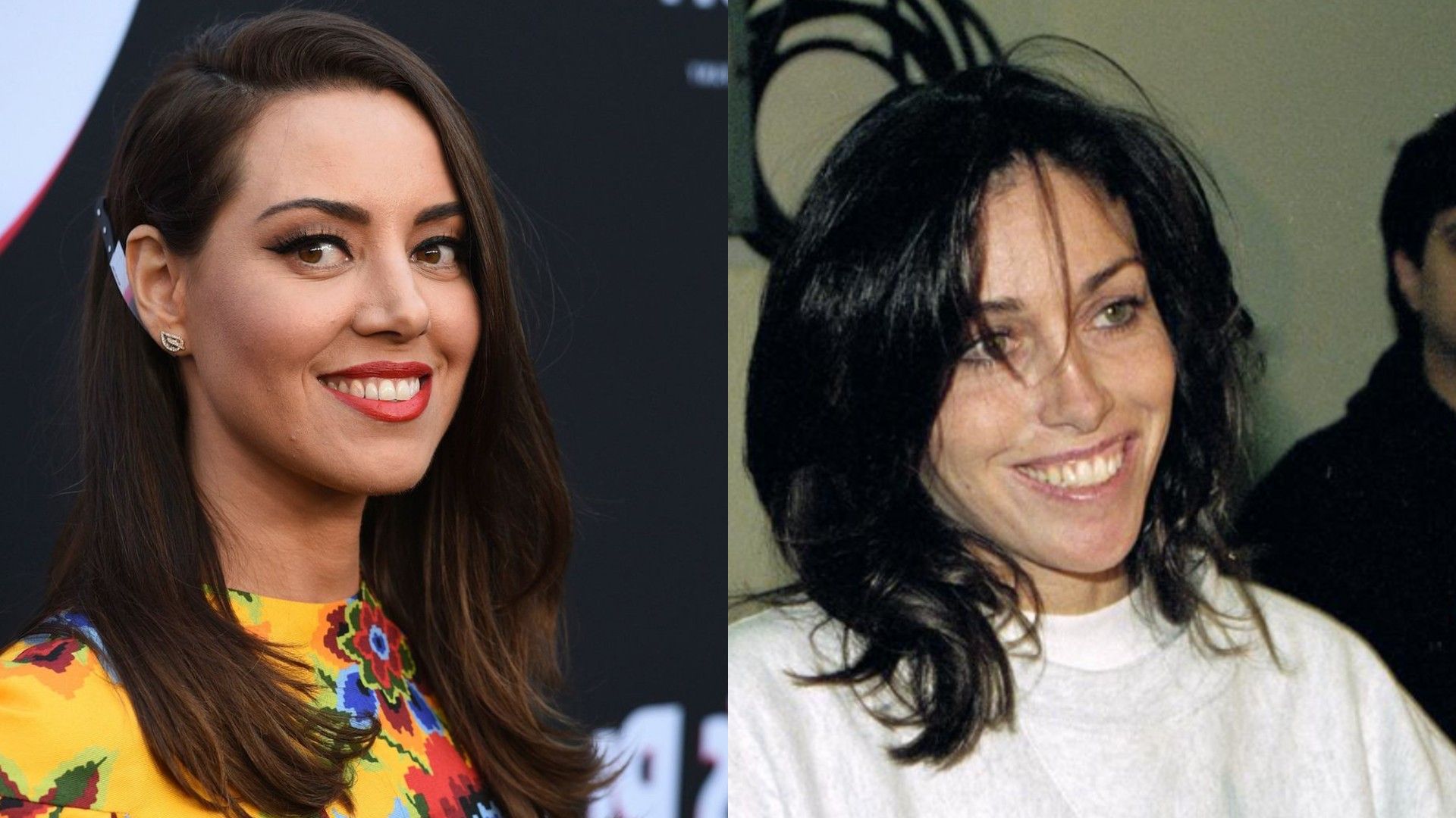 Colaj cu două fotografii: în stânga, actrița Aubrey Plaza zâmbind, în dreapta, Heidi Fleiss