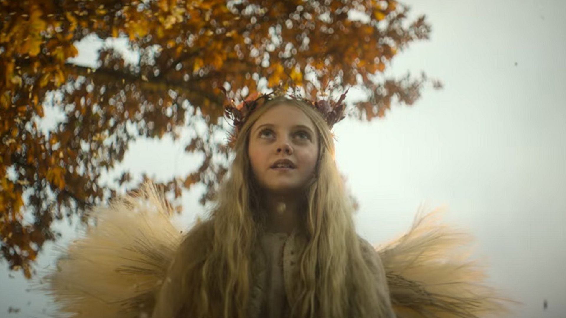 Evie Templeton cu aripi făcute din fân și purtând o coroană de crenguțe pe fundalul cerului și al copacilor de toamnă