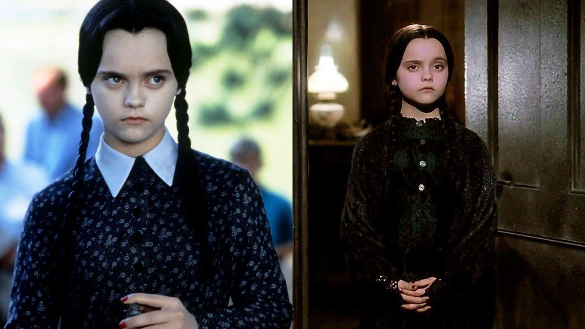 Christina Ricci în rolul Wednesday Addams, colaj cu două fotografii
