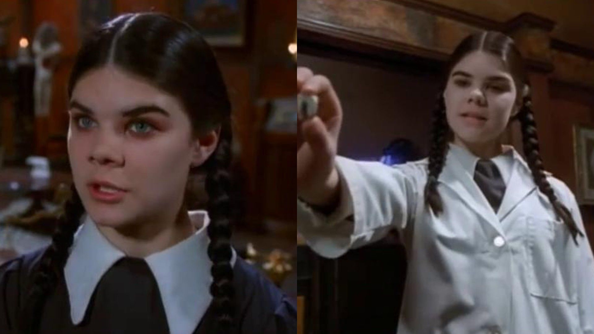 Nicole Fugere cu cozi întunecate într-o rochie neagră și halat alb în scene din film