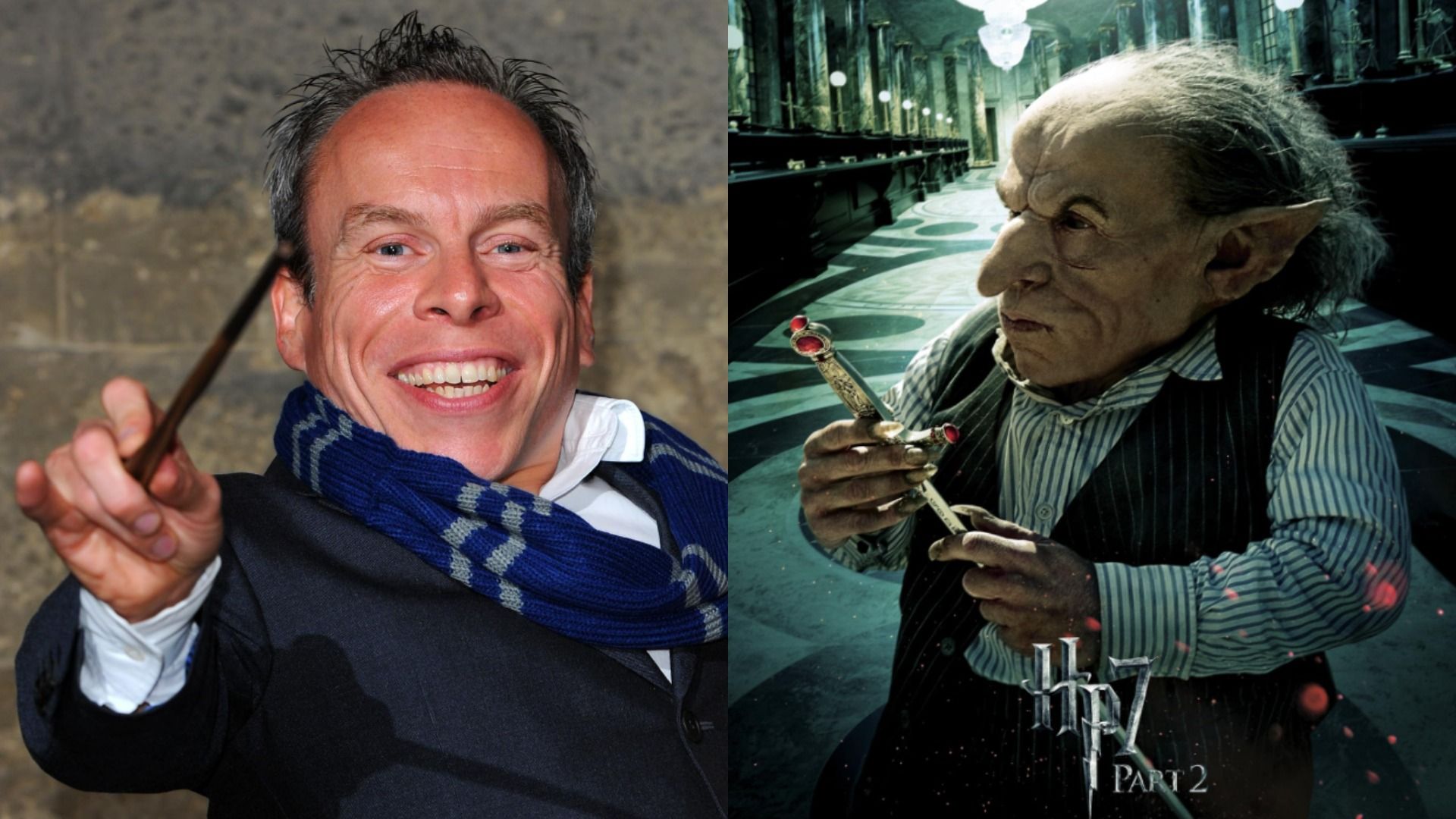 Actorul Warwick Davis într-o jachetă neagră ținând o baghetă, în dreapta este machiat ca spiridușul