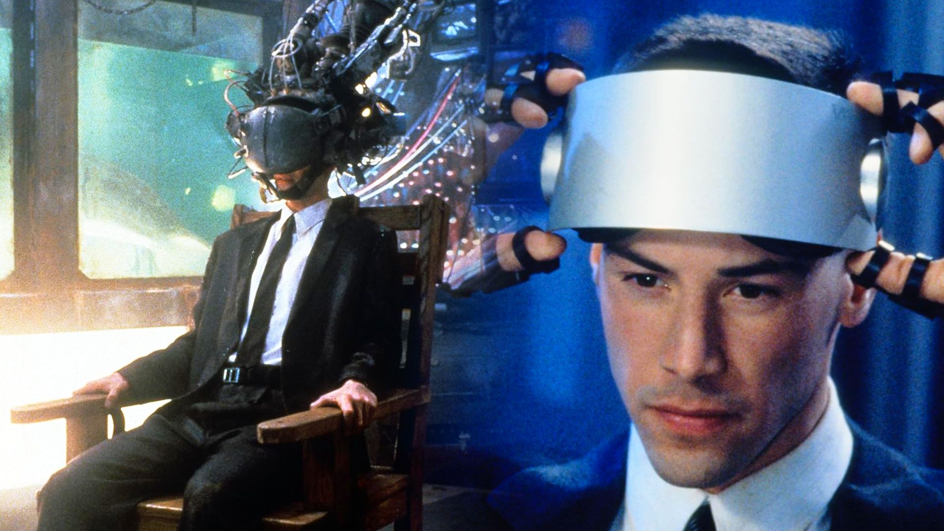 Actorul Keanu Reeves într-un costum clasic stând pe un scaun cu un dispozitiv futurist pe cap
