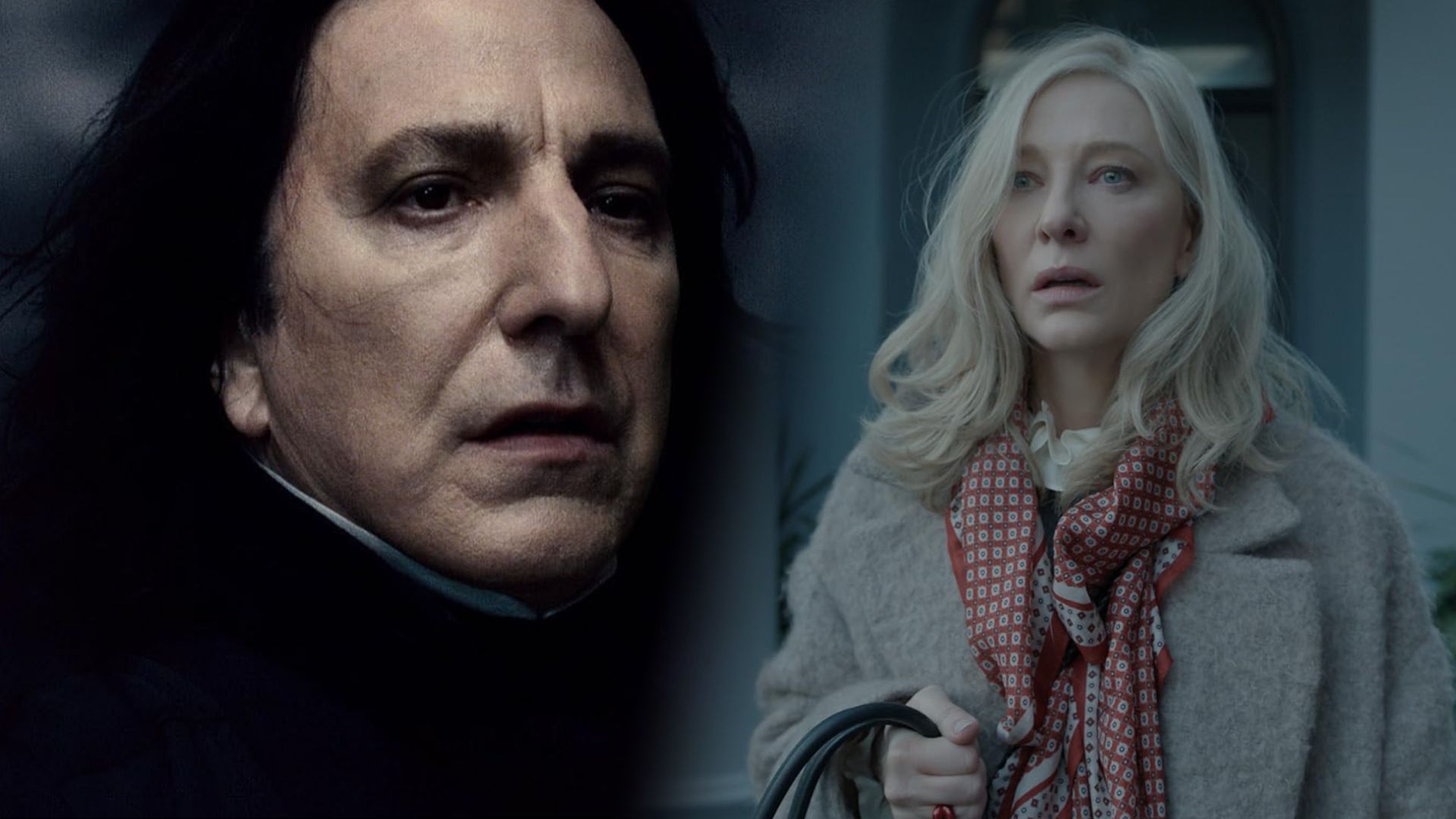 Actorul Alan Rickman cu părul negru într-o mantie neagră, Cate Blanchett într-un palton gri