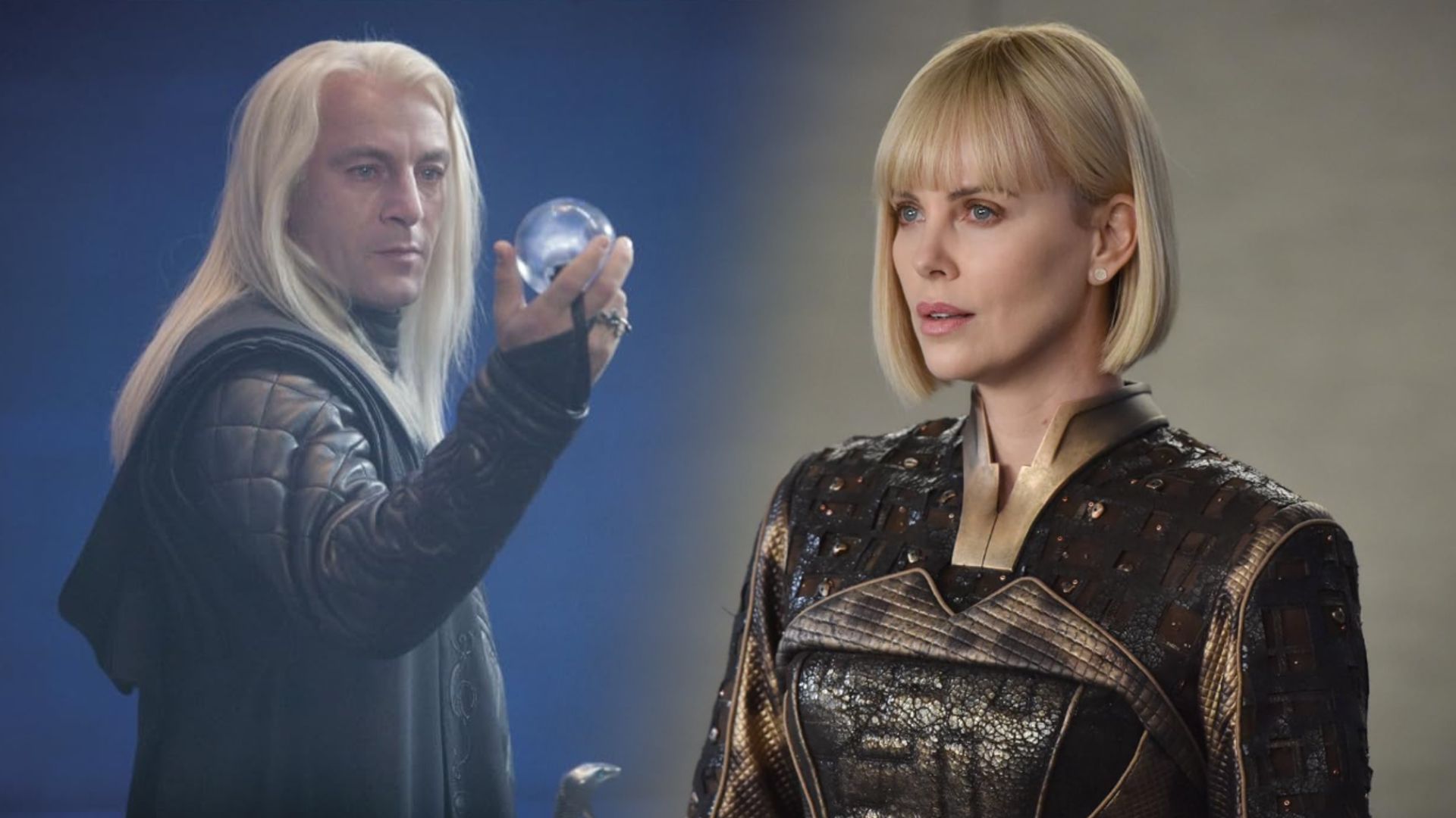 Actorul Jason Isaacs cu păr lung alb, Charlize Theron cu păr alb