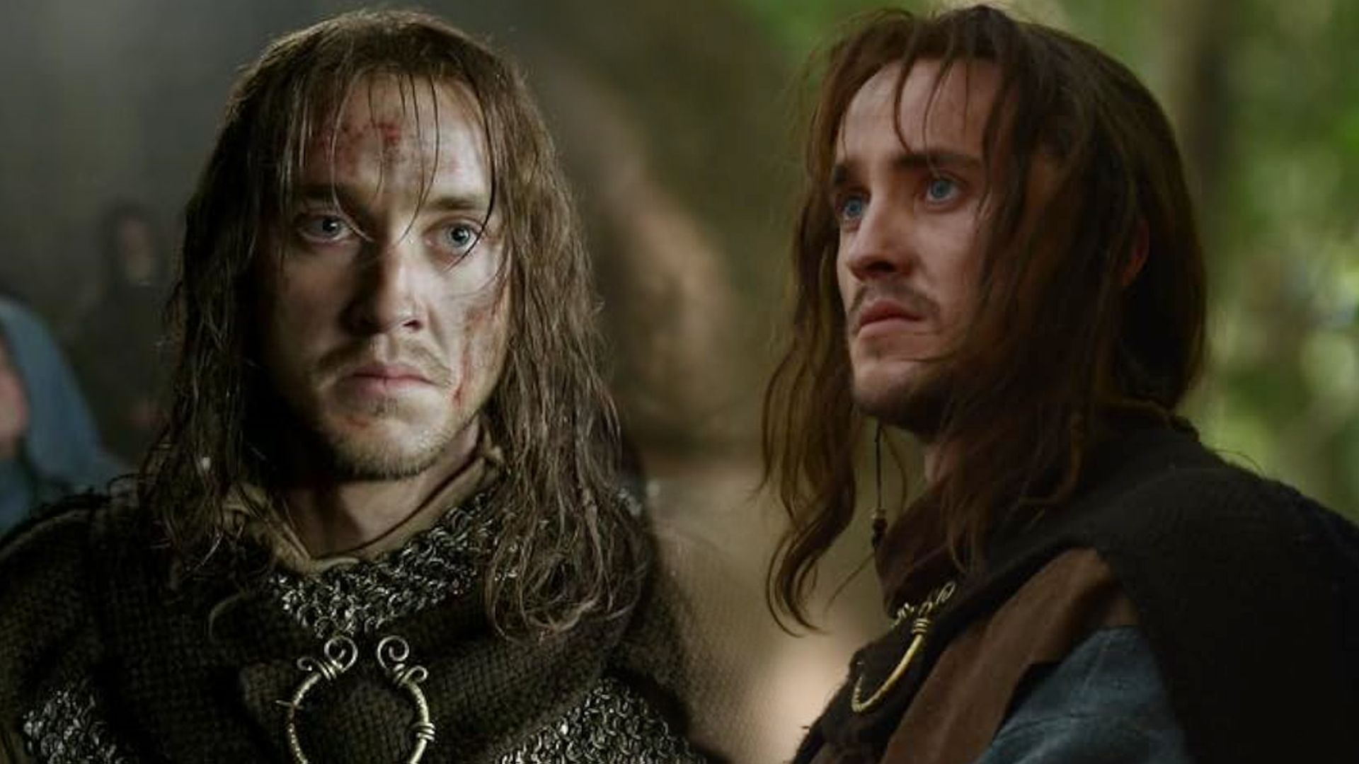 Actorul Tom Felton în costume medievale cu părul lung