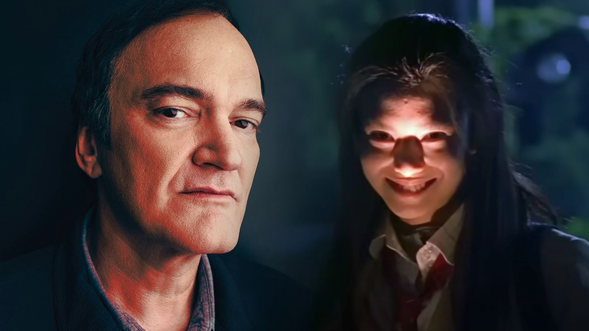 Regizorul Quentin Tarantino într-o jachetă neagră, femeie japoneză în uniformă școlară în dreapta